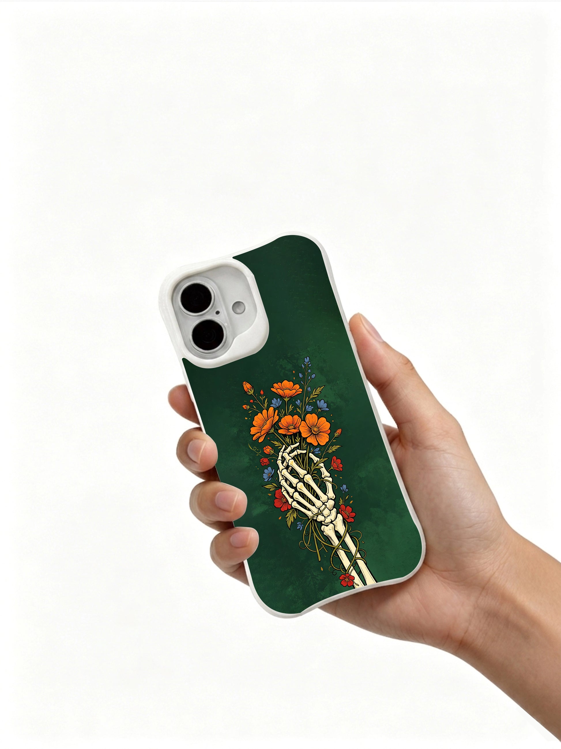PhoneCasing hand ink sketched skeletal arm & mixed wildflower gothic art iPhone 16 Case, scratch-resistant high-gloss antimicrobial finish long-wearing iPhone 16 shell