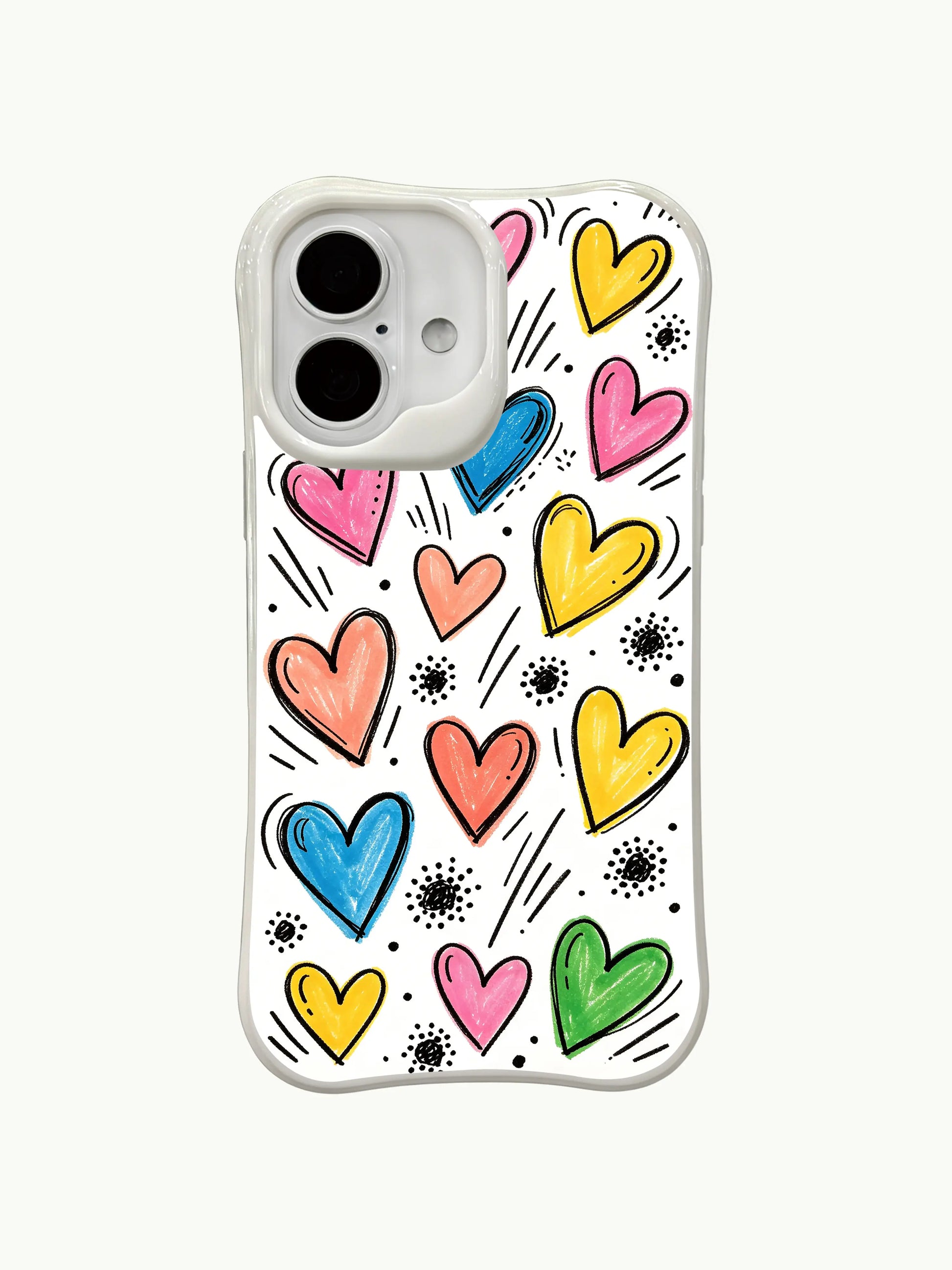 PhoneCasing ink outline hearts iPhone 16 plus case, bold black hand-drawn outlines for each colorful heart, long-wearing scratch-resistant case.