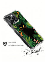 Focused stare design PhoneCasing iPhone 13 pro Case, durable daily-use phone casing highlighting mysterious wildcat’s intense golden eyes peeking through layered tropical garden greenery, premium printed phone cover.