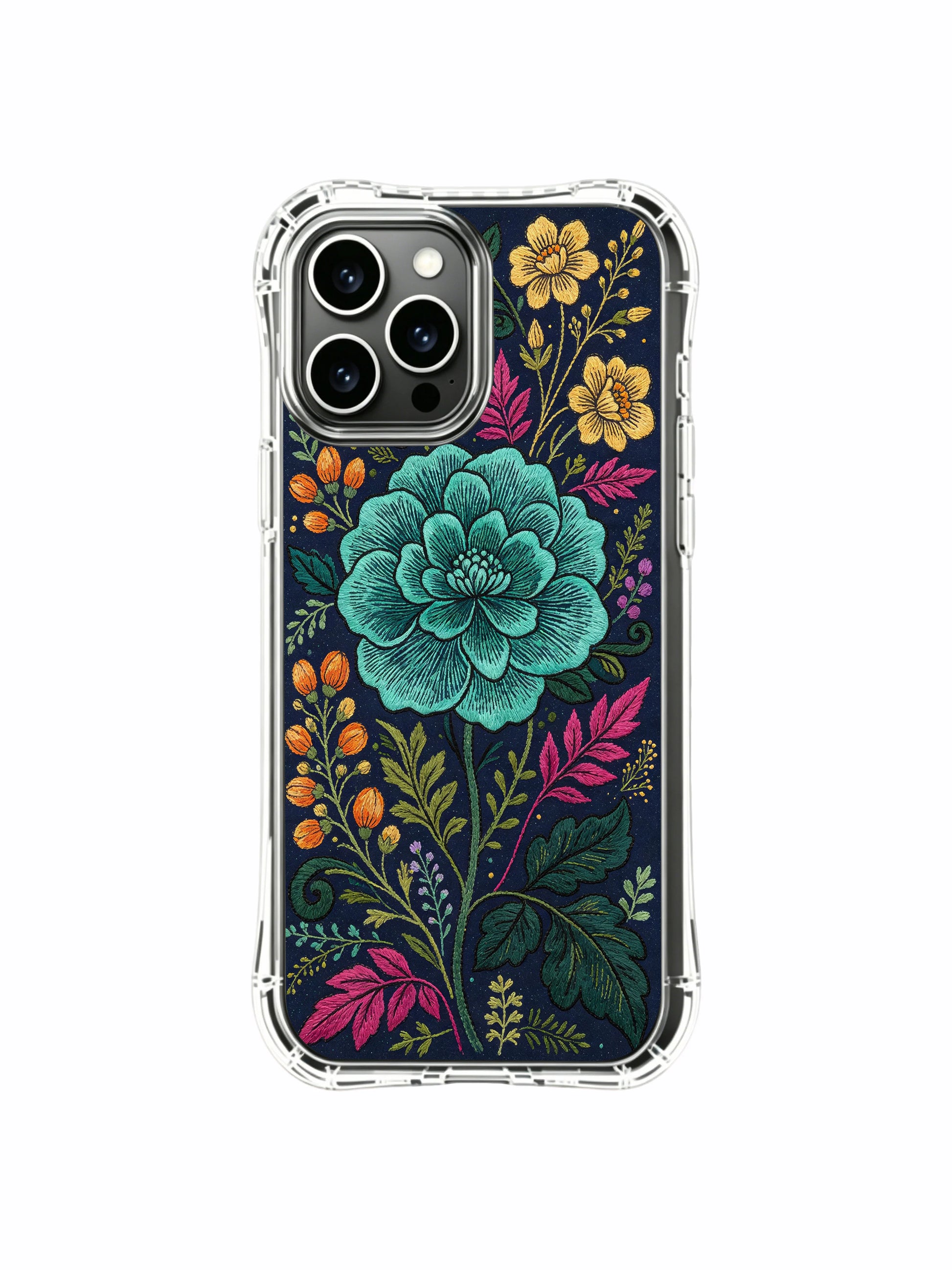 PhoneCasing iPhone 16 Pro Max Case with intricate night floral art. Teal flower surrounded by purple and yellow blooms, gallery-quality print made in California