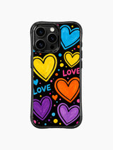 PhoneCasing iPhone 13 Pro Max cover matte black cosmic canvas filled with floating textured heart planets and tiny colorful dot sprinkles, delivers upbeat joyful free love vibe, bright youthful artistic casing.