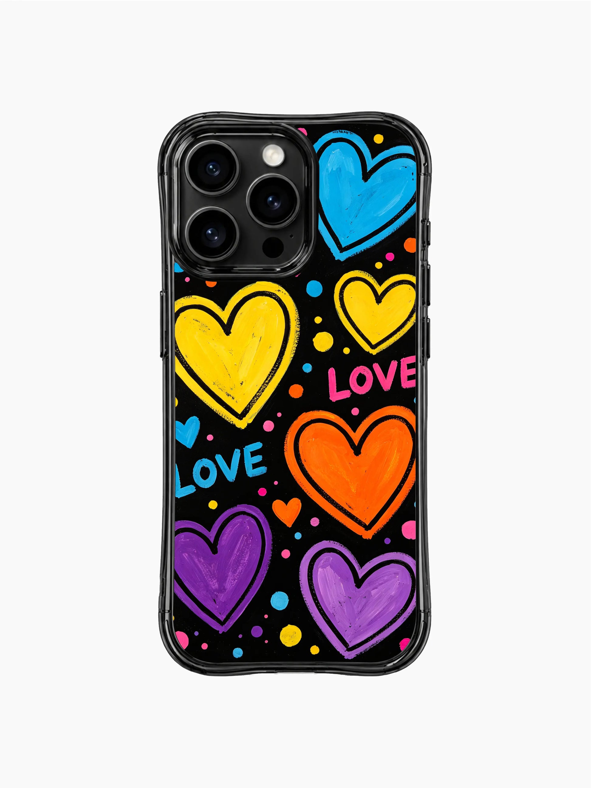 PhoneCasing iPhone 13 Pro Max cover matte black cosmic canvas filled with floating textured heart planets and tiny colorful dot sprinkles, delivers upbeat joyful free love vibe, bright youthful artistic casing.