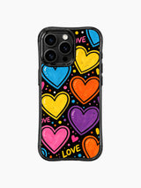 PhoneCasing iPhone 13 Pro Max case thick distinct black outline around every textured heart planet, assorted small & large rainbow dot confetti, scattered hand-drawn LOVE text on high contrast black canvas phone cover casing.