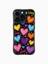 PhoneCasing iPhone 13 Pro Max case vibrant cosmic heart doodle pattern, thick black outline painted hearts in pink yellow orange purple cyan, multi-size rainbow dot confetti, hand drawn LOVE text details, playful valentine street art phone casing.
