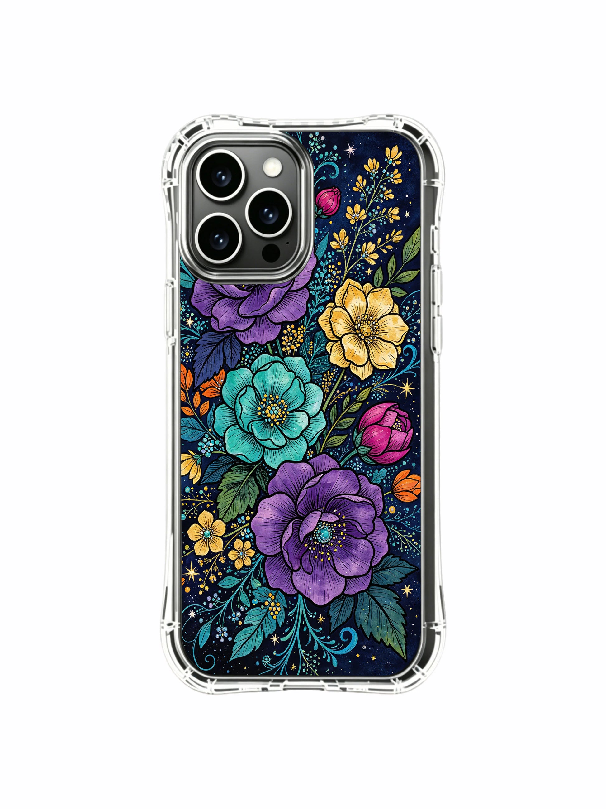PhoneCasing iPhone 13 Pro Max Case showcasing a cosmic night bloom tapestry, a colorful floral pattern inspired by the vastness of space.