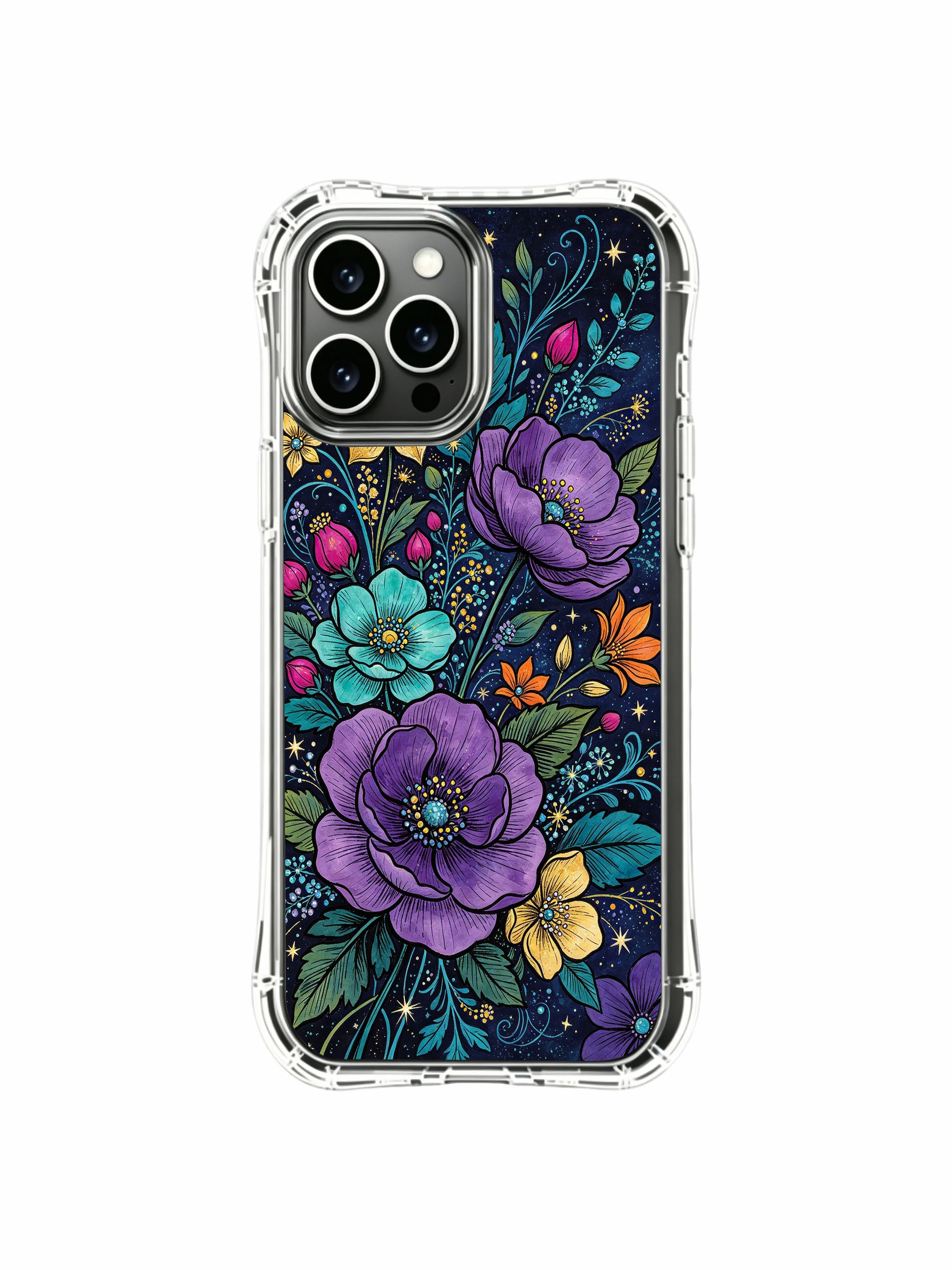PhoneCasing iPhone 13 Pro Max Case with a dark background floral galaxy print, where colorful flowers shine like stars in the night sky.