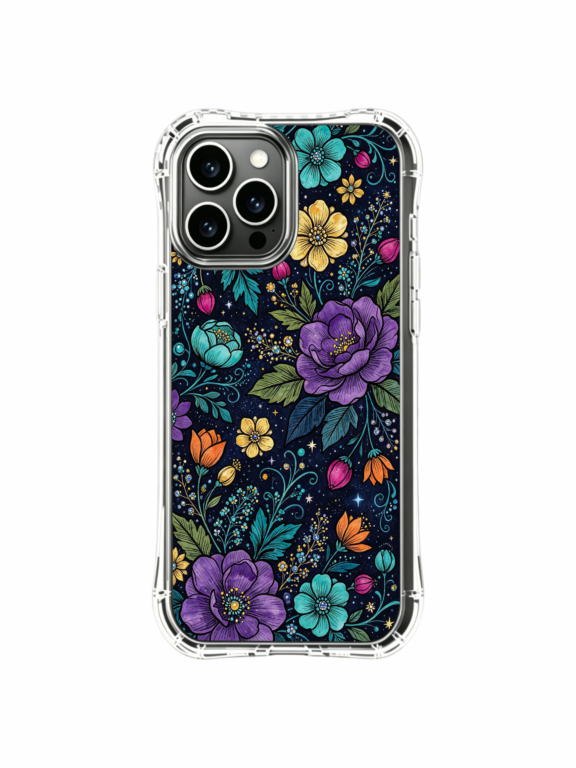 PhoneCasing iPhone 13 Pro Max Case showcasing Elias Nocturne's full-coverage night floral design, a dense pattern of blooms that create a vibrant universe.