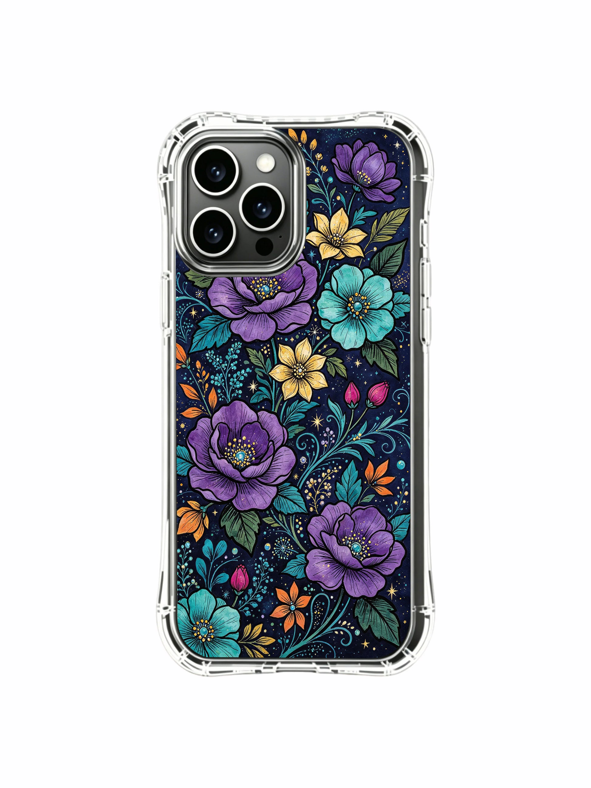 PhoneCasing iPhone 13 Pro Max Case with Elias Nocturne's purple and teal cosmic garden design, a rich, vibrant floral pattern on a dark background.