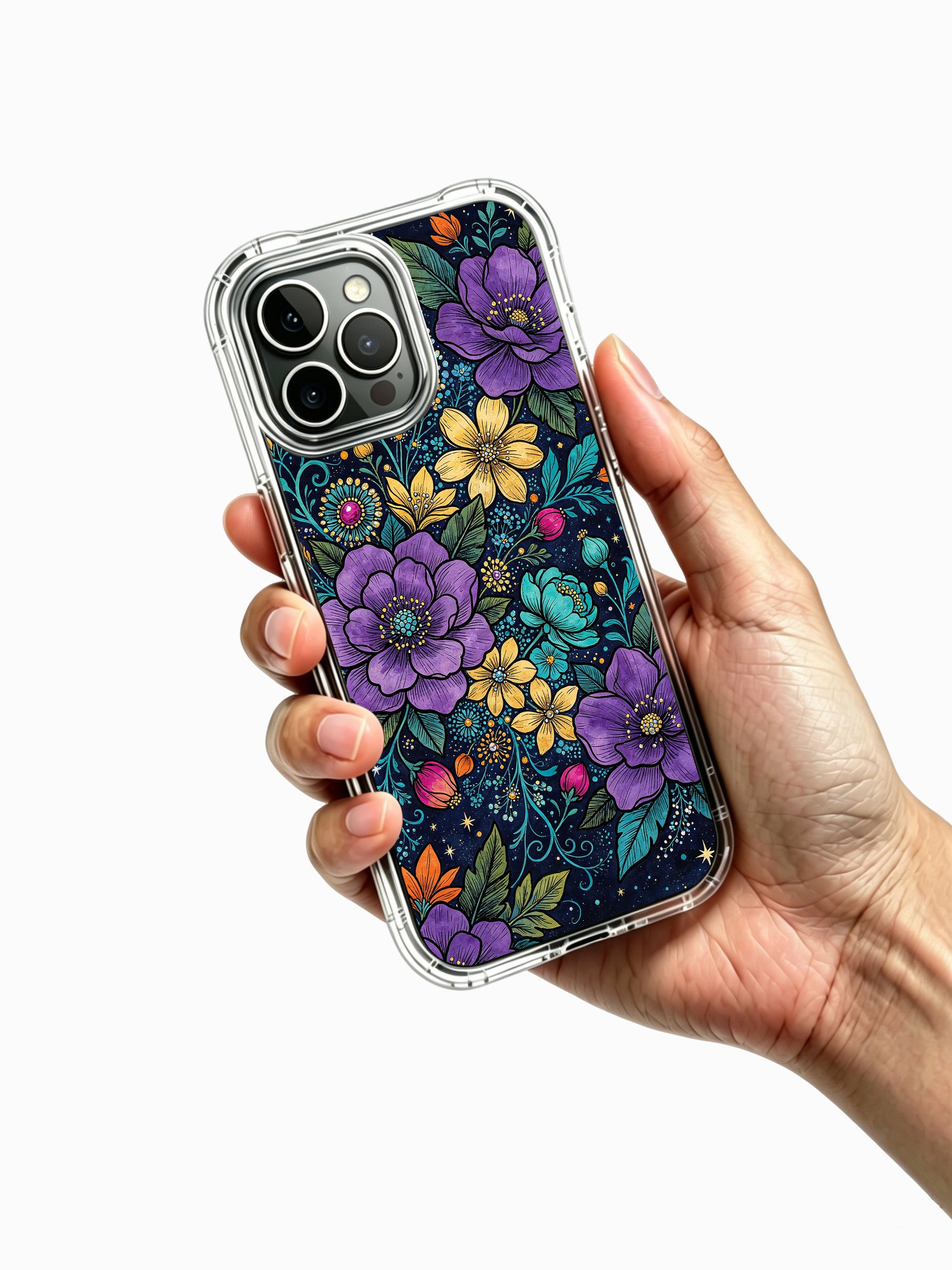 PhoneCasing iPhone 13 Pro Max Case with an enchanted flower cosmos print, where every bloom contributes to a vibrant dark garden.