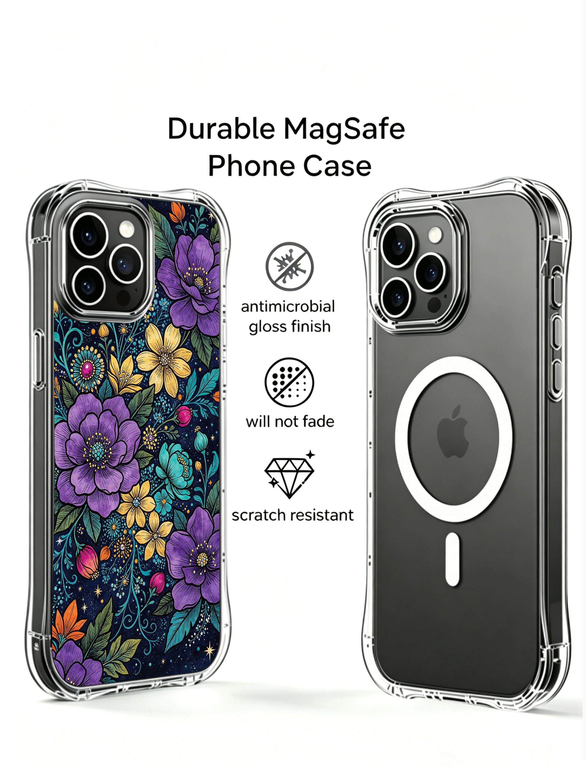 PhoneCasing iPhone 13 Pro Max Case with a purple and teal galaxy-inspired floral pattern, blending colorful blooms into a cosmic nightscape.