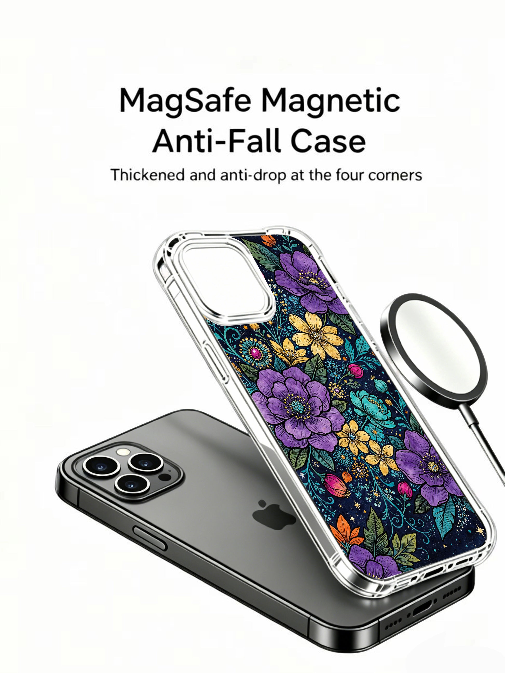 PhoneCasing iPhone 13 Pro Max Case featuring a rainbow night blossom burst pattern, with purple, teal, and gold flowers shining bright.