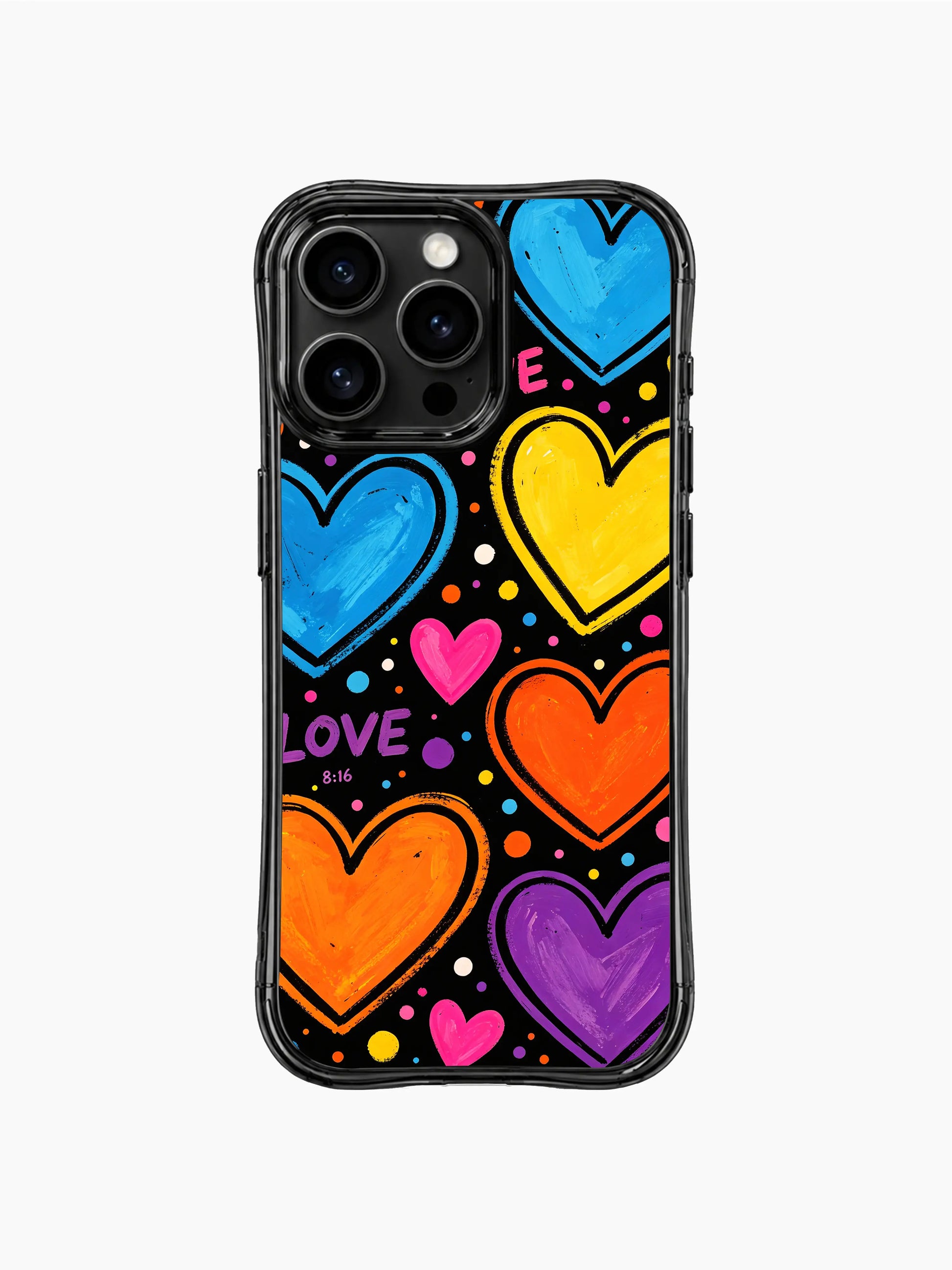 PhoneCasing iPhone 13 Pro Max casing showcasing rough paintbrush textured heart planets, mixed-size rainbow polka dot confetti, uneven handwritten LOVE word accents, whimsical cosmic love aesthetic, everyday casual wear phone case.