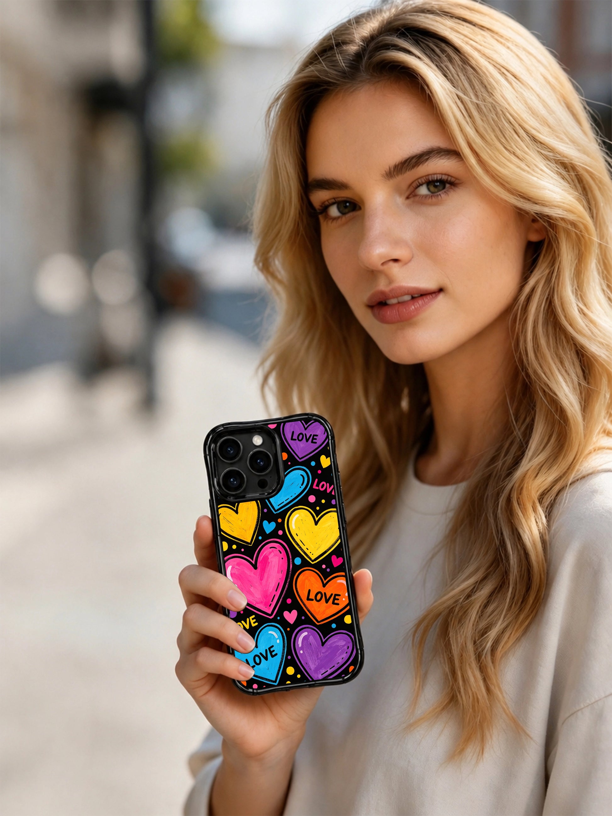 PhoneCasing iPhone 13 Pro Max casing raw uneven hand painted floating heart planets, loose handwritten LOVE letter doodles and rainbow polka dot confetti over matte black cosmic base, casual daily use cheerful pop phone case.