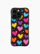 PhoneCasing iPhone 13 Pro Max casing designed by Nova Heartwell, Happy Heart Cosmos print, hand painted multicolor heart planets, scattered colorful polka dots, handwritten LOVE letter accents, textured brush stroke hearts on solid black background, cheerful free-spirited cosmic romantic protective phone cover.