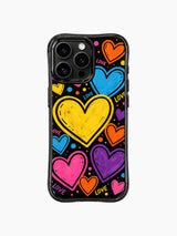 PhoneCasing iPhone 13 Pro Max cover all-over floating painted heart planet cosmic doodle pattern, capturing bright joyful open free-spirited romantic energy, long-wearing durable protective casing.