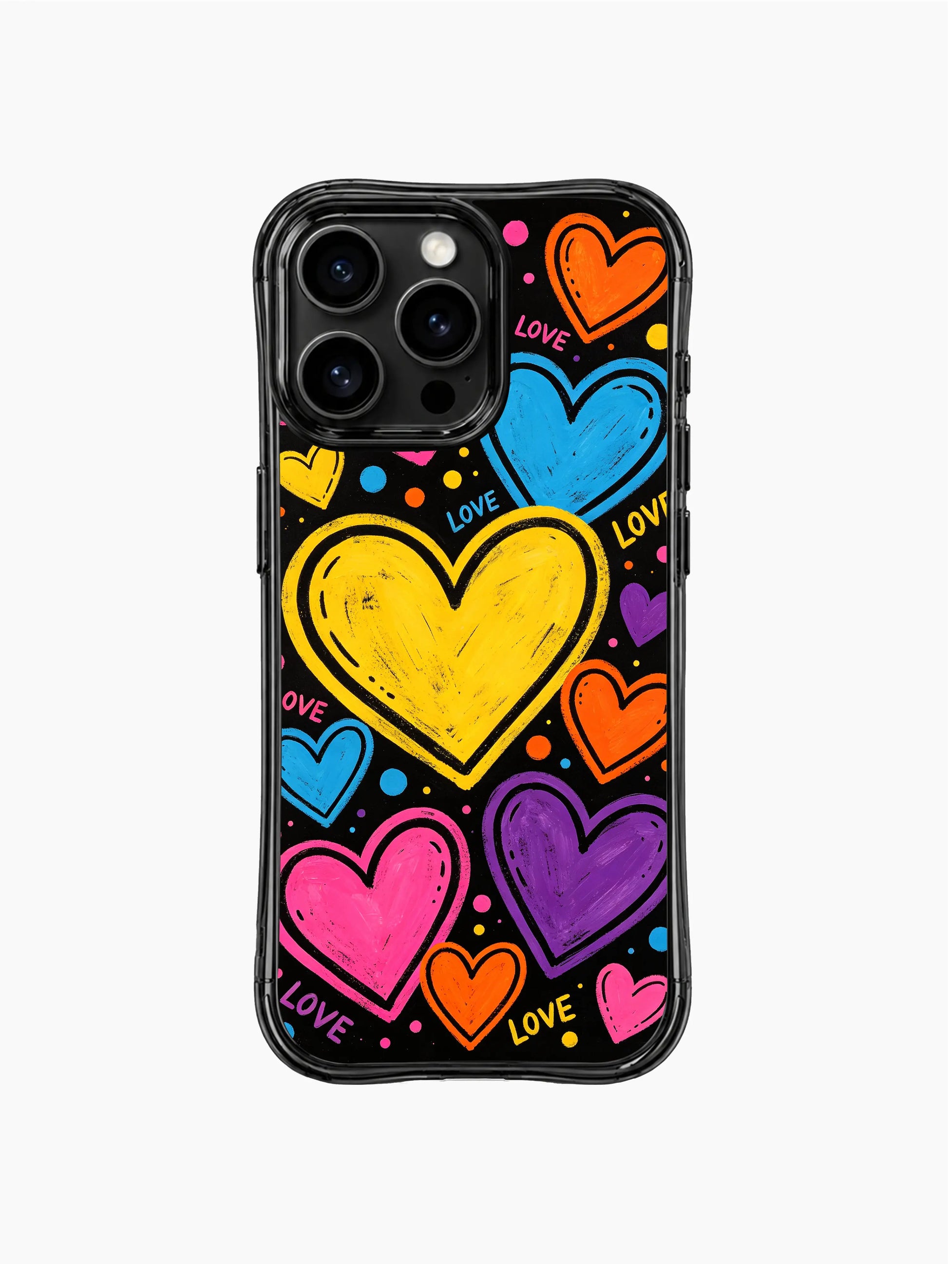 PhoneCasing iPhone 13 Pro Max cover all-over floating painted heart planet cosmic doodle pattern, capturing bright joyful open free-spirited romantic energy, long-wearing durable protective casing.