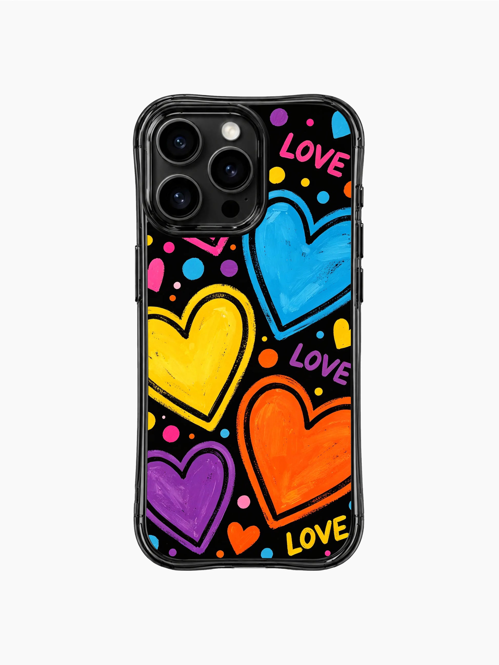 PhoneCasing iPhone 13 Pro Max casing mix of oversized focal heart planets and tiny mini accent hearts, abundant rainbow polka dot confetti filling black cosmic gaps, energetic joyful open love vibe phone case.
