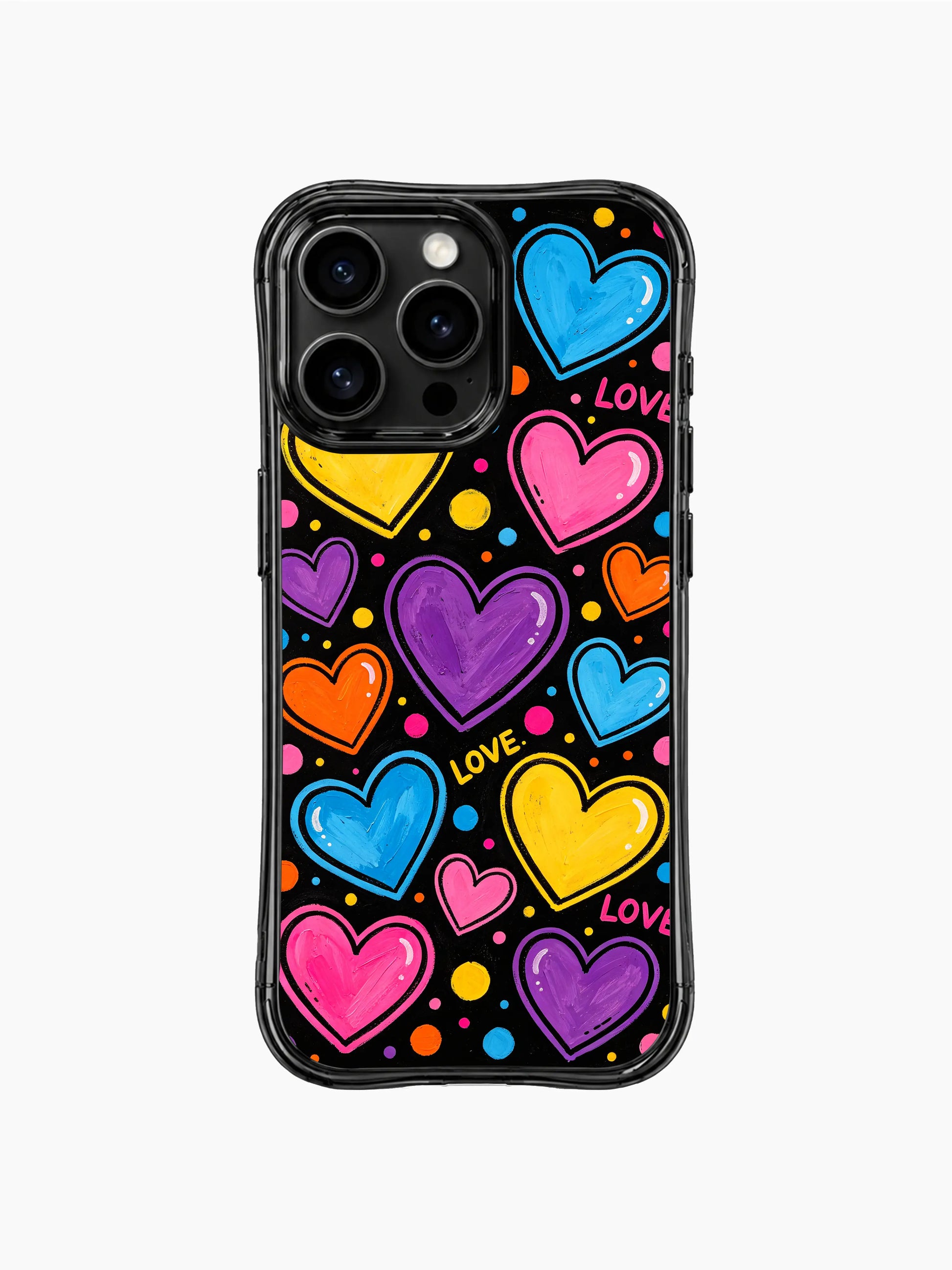 PhoneCasing iPhone 13 Pro Max case full rainbow palette painted heart planets with thick bold black outlines, scattered multi-tonal LOVE lettering and colorful dot sprinkles, scratch-resistant joyful eye-catching statement phone cover.