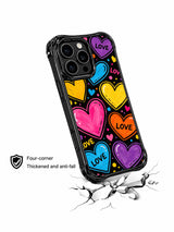 PhoneCasing iPhone 13 Pro Max case retro cute street pop styling, textured brush heart planets with bold black outlines, rainbow polka dot sprinkles, hand drawn LOVE word motifs, cheerful cosmic street pop phone cover casing.