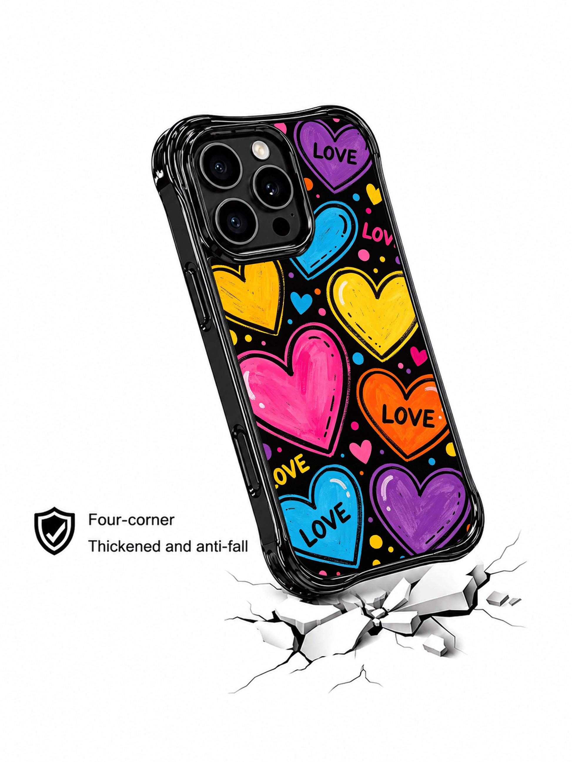 PhoneCasing iPhone 13 Pro Max case retro cute street pop styling, textured brush heart planets with bold black outlines, rainbow polka dot sprinkles, hand drawn LOVE word motifs, cheerful cosmic street pop phone cover casing.