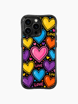 PhoneCasing iPhone 13 Pro Max cover uneven raw paintbrush texture inside each heart planet shape, bold black outer outlines, rainbow dot confetti and scattered LOVE letter accents, upbeat cosmic crush pop art phone case.