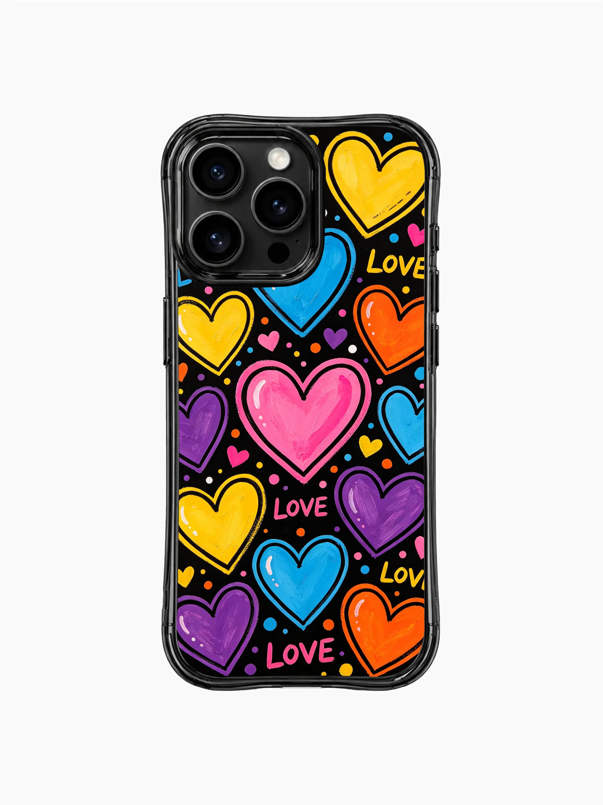 PhoneCasing iPhone 13 Pro Max cover uneven raw paintbrush texture inside each heart planet shape, bold black outer outlines, rainbow dot confetti and scattered LOVE letter accents, upbeat cosmic crush pop art phone case.