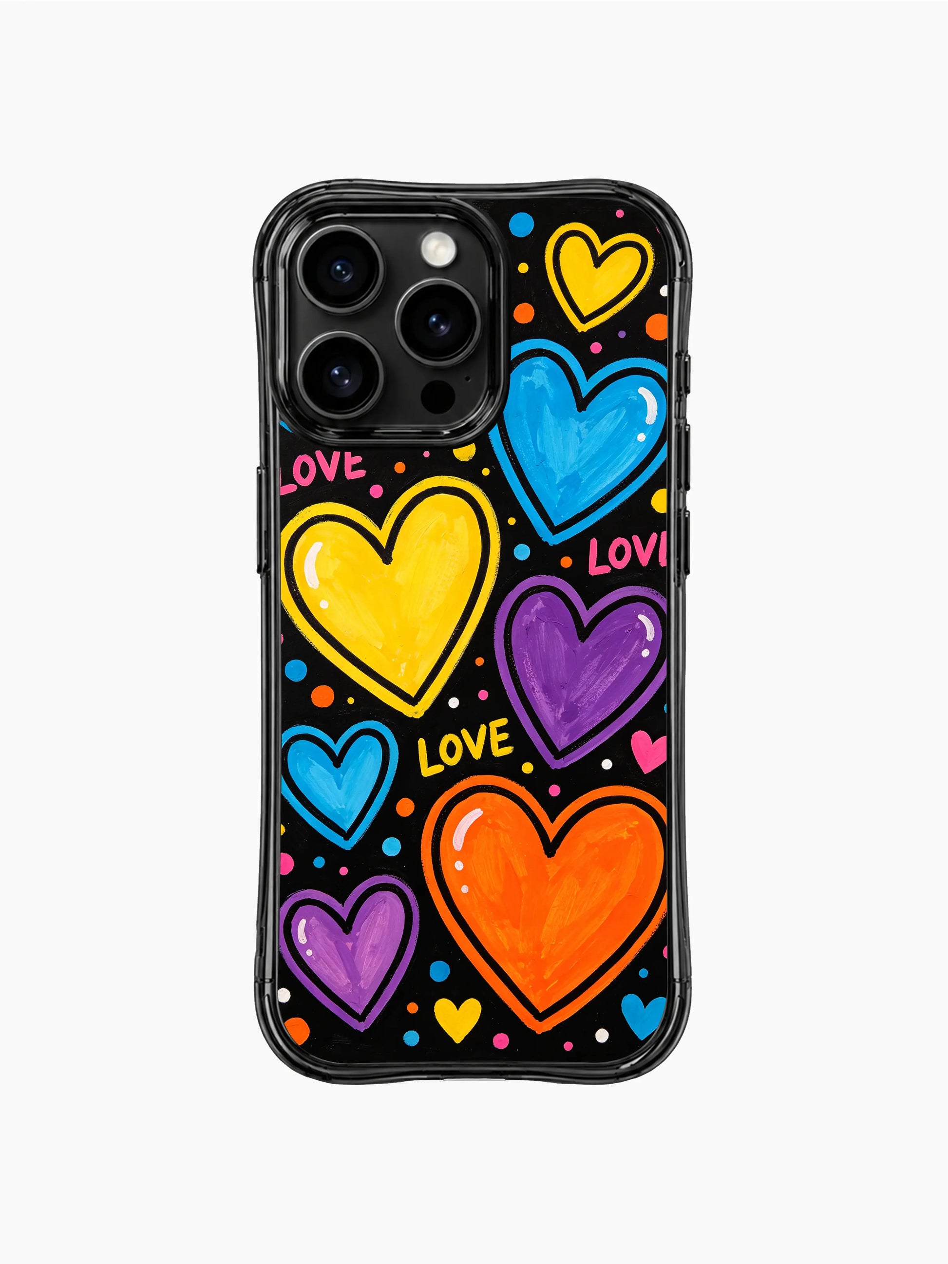 PhoneCasing iPhone 13 Pro Max casing plain matte black cosmic background that makes pink yellow orange purple cyan painted heart planets glow vividly, balanced joyful everyday statement phone cover.