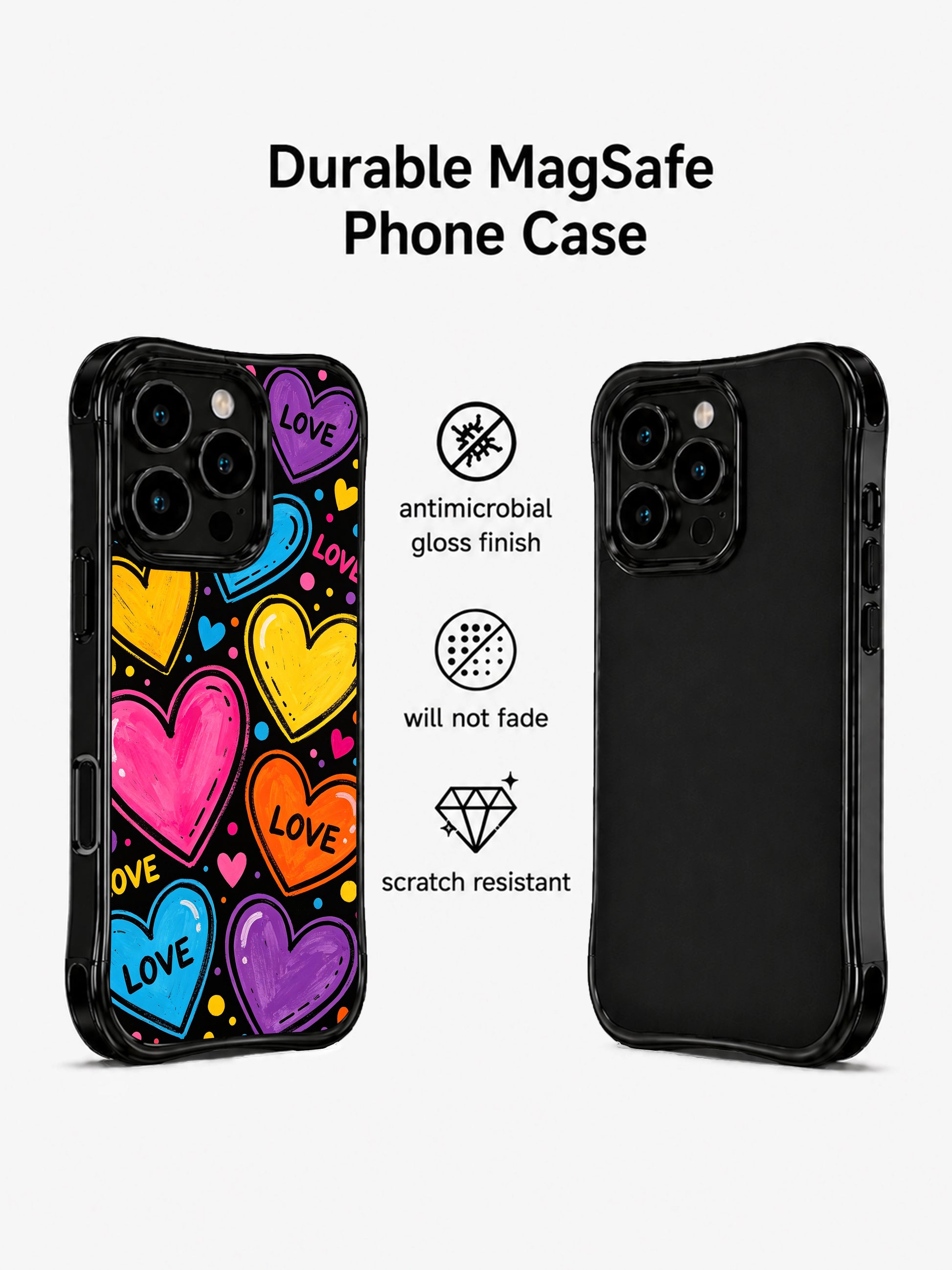 PhoneCasing iPhone 13 Pro Max casing mix of large central focal heart planets and tiny mini floating heart accents, scattered rainbow dot confetti, dynamic lively cosmic open-love aesthetic phone case.