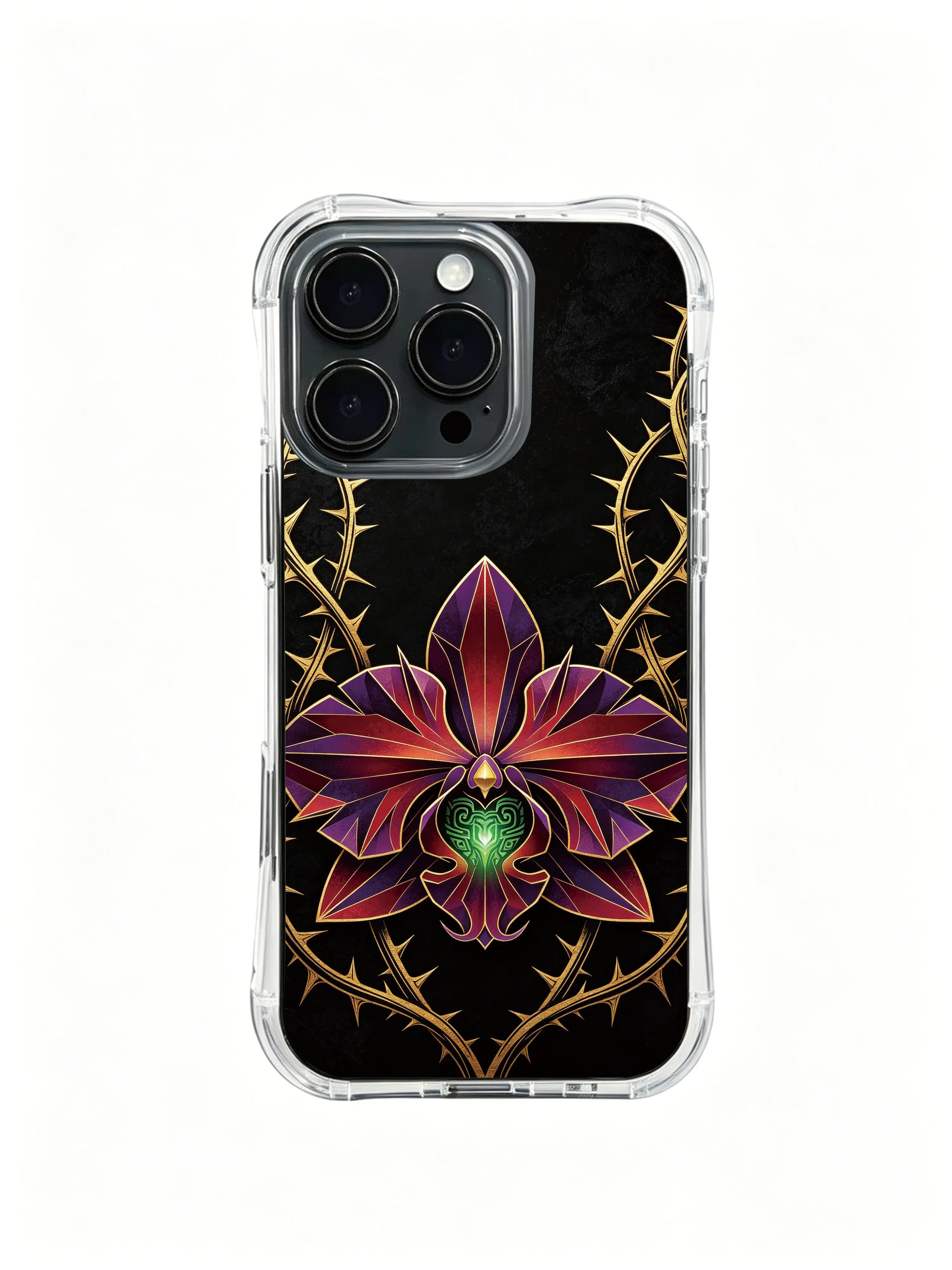 ：PhoneCasing iPhone 14 Plus Case with glossy tactile black orchid print, durable anti-slip phone casing for everyday carry