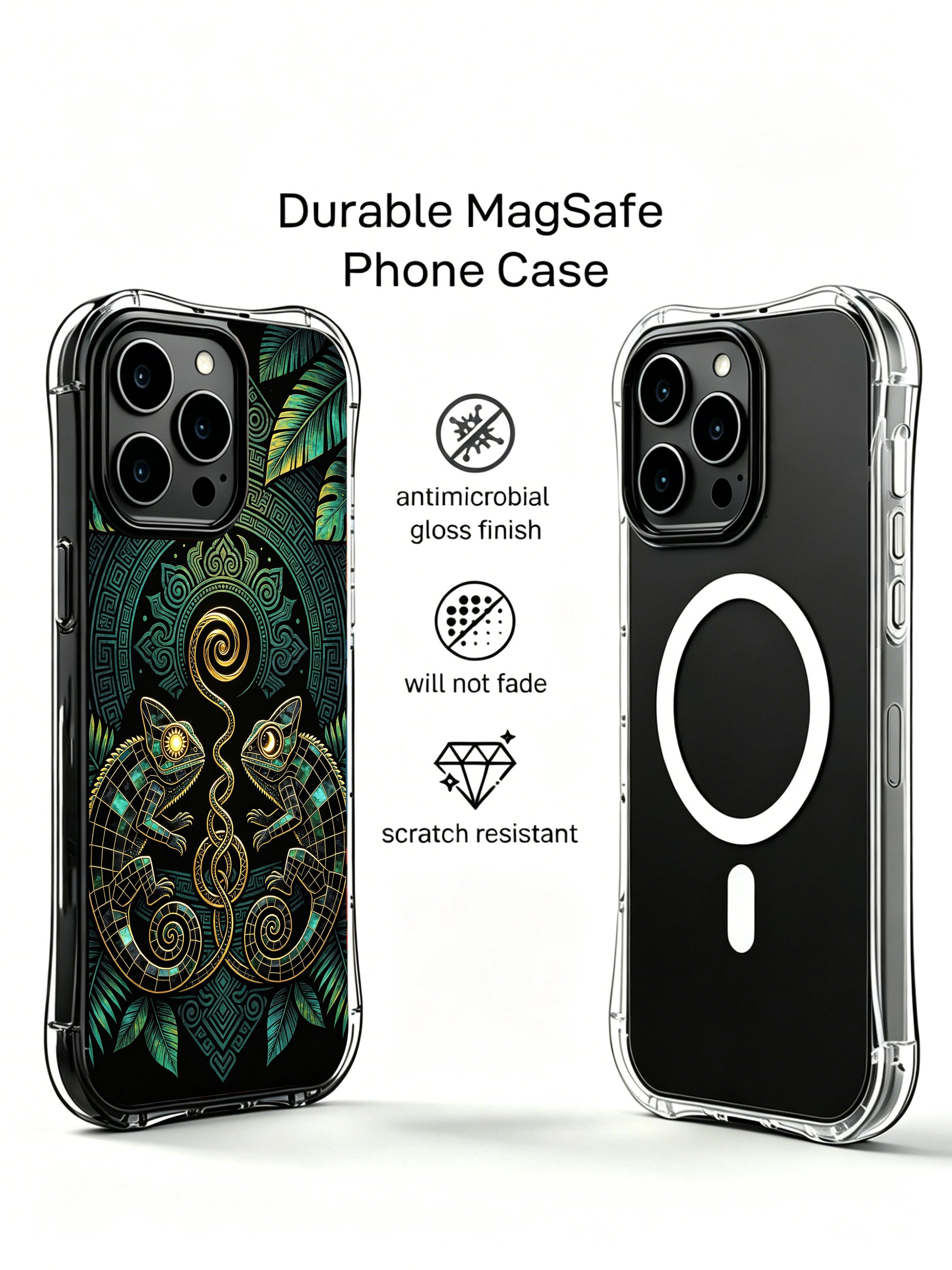 PhoneCasing iPhone 14 Plus Case with golden spiral tail chameleon pattern, scratch resistant premium phone cover for modern women.