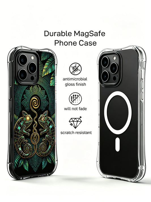 PhoneCasing iPhone 14 Plus Case with golden spiral tail chameleon pattern, scratch resistant premium phone cover for modern women.