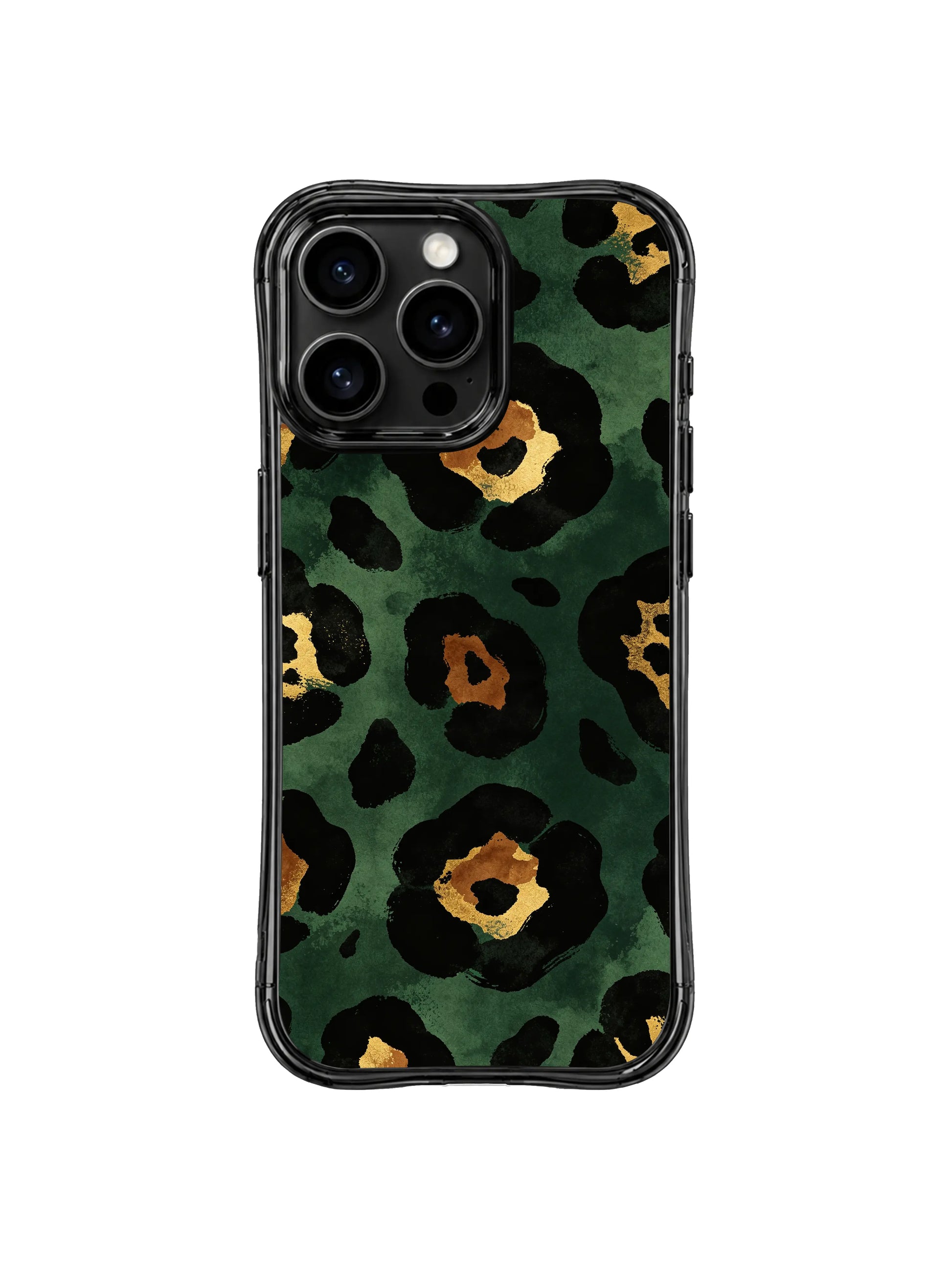 PhoneCasing iPhone 14 Pro Case close texture detail of Midnight Academia Leopard dark scholarly wild motif. Deep midnight forest muted color palette, uneven rough black leopard brushstrokes, solid shimmer bronze gold rosette fills, balanced quiet intellectual visual flow.