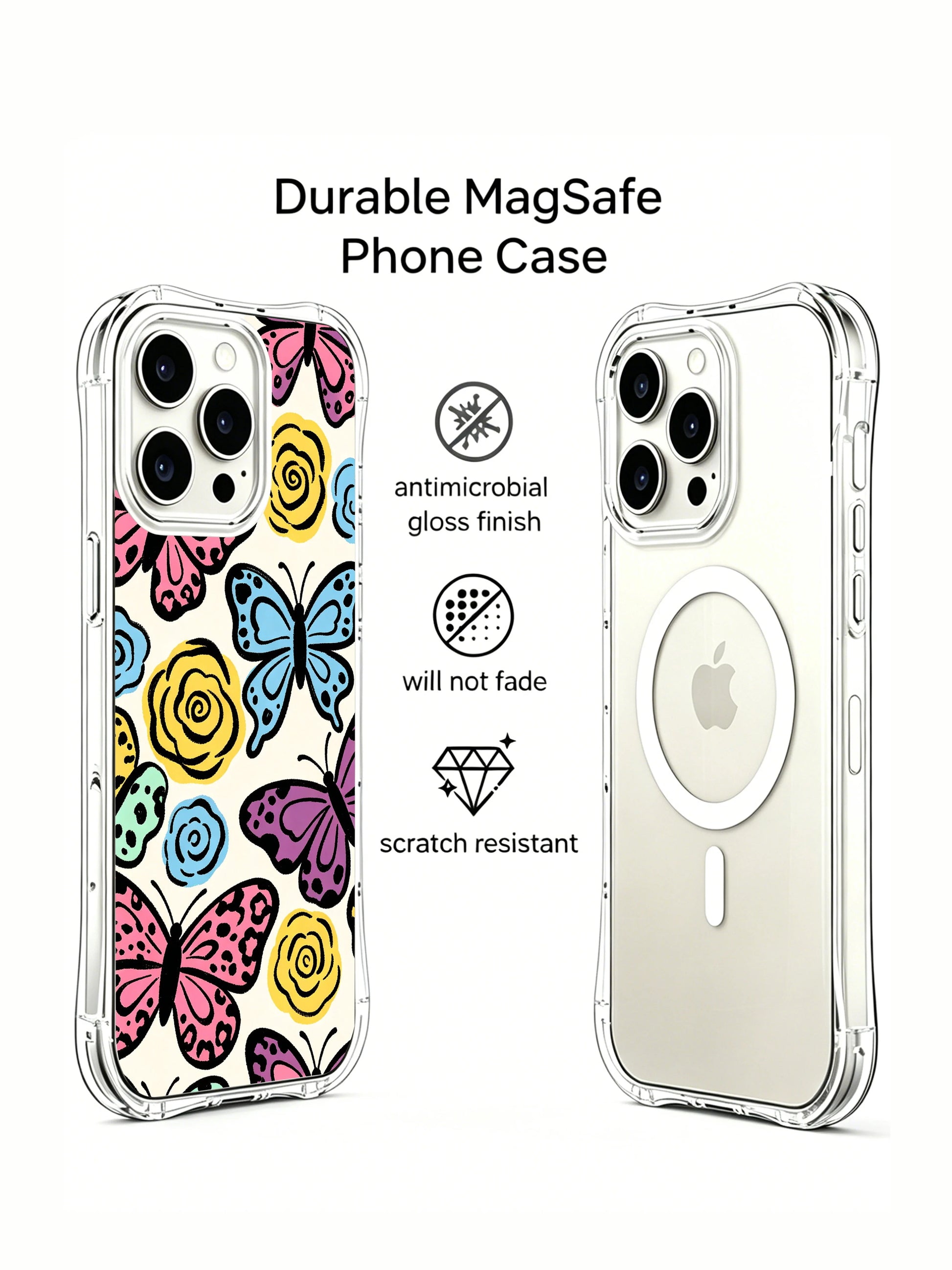 Airy light wild butterfly-leopard motif PhoneCasing iPhone 14 Pro Case in layered bubblegum, mint, lemon and periwinkle spring pastel tones over warm cream off-white. Loose textured hand brush spotted butterfly wing outlines paired with scattered spiral floral details, balanced joyful garden visual flow, transparent wavy shockproof bumper.