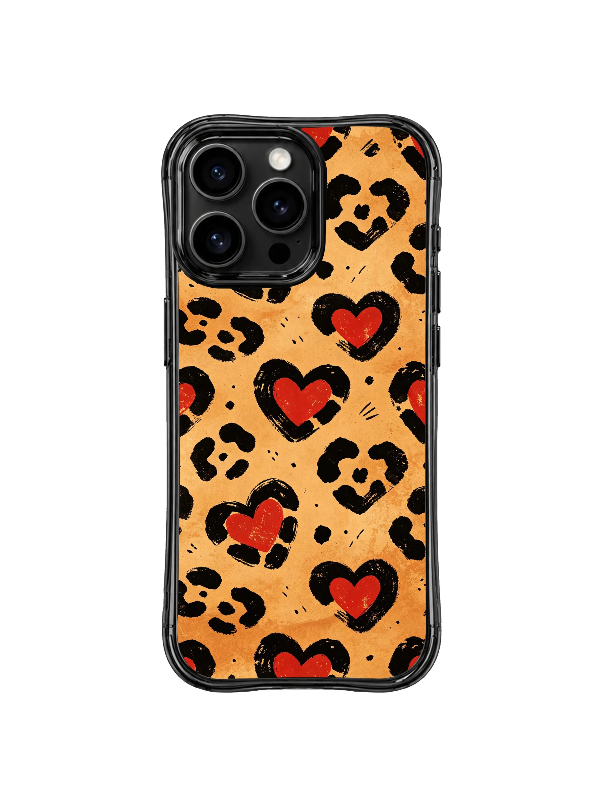 PhoneCasing iPhone 14 Pro Case close texture detail of Western Heart Leopard retro wild motif. Warm caramel desert color palette, uneven rough black leopard spots, solid vintage red cowboy heart outlines, balanced rugged romantic visual flow.