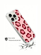 PhoneCasing iPhone 14 Pro Case surface durability demo for Burgundy Rose romantic floral casing. Smooth glossy anti-microbial clear wavy frame, smudge and oil resistant finish, layered watercolor blush burgundy floral leopard print iPhone 14 Pro casing.