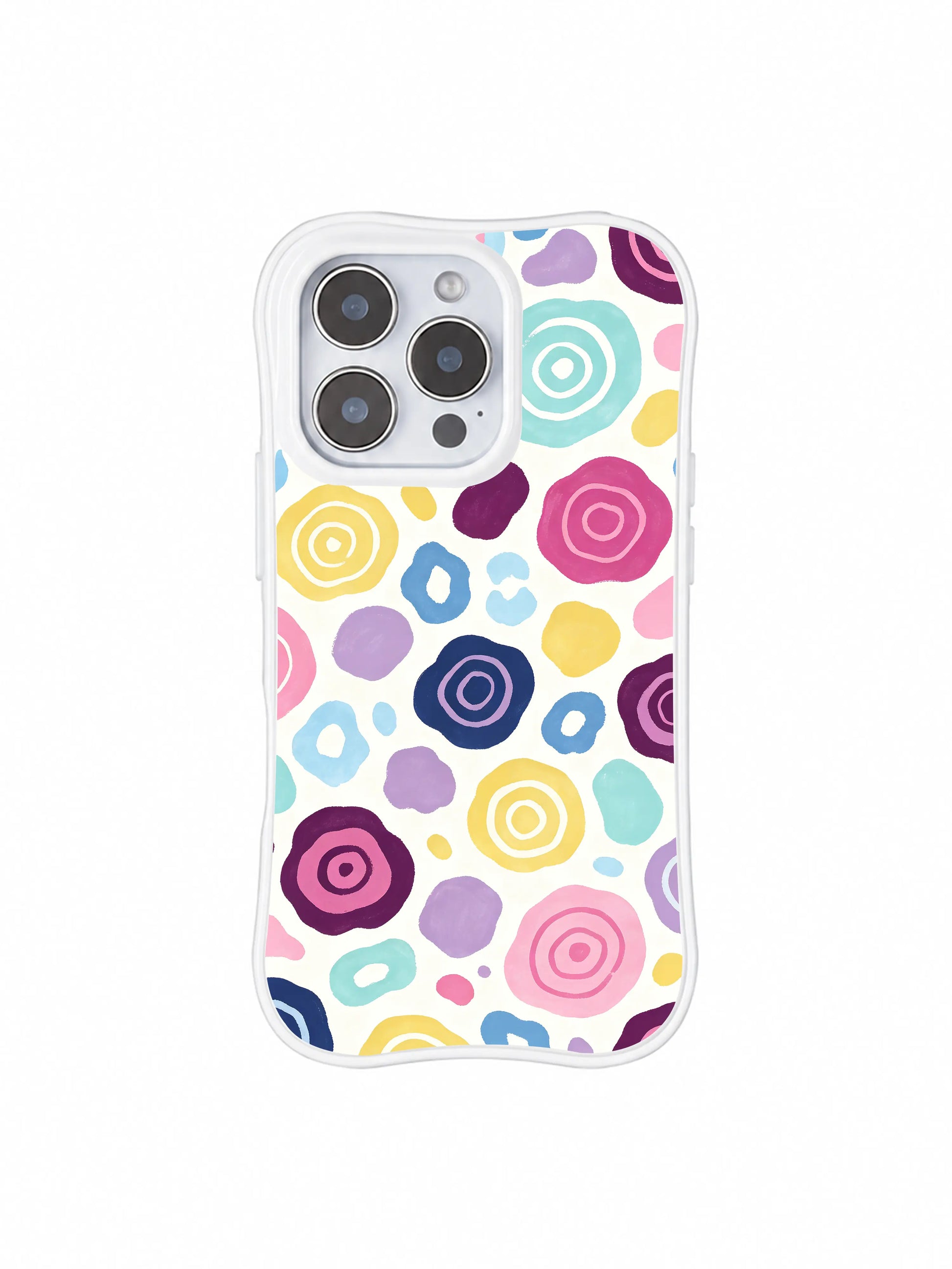 PhoneCasing iPhone 14 Pro Case surface durability demo for Moon Berry Heart Leopard casing. Smooth glossy anti-microbial white wavy frame, oil and smudge resistant, vibrant watercolor heart leopard print iPhone 14 Pro casing.