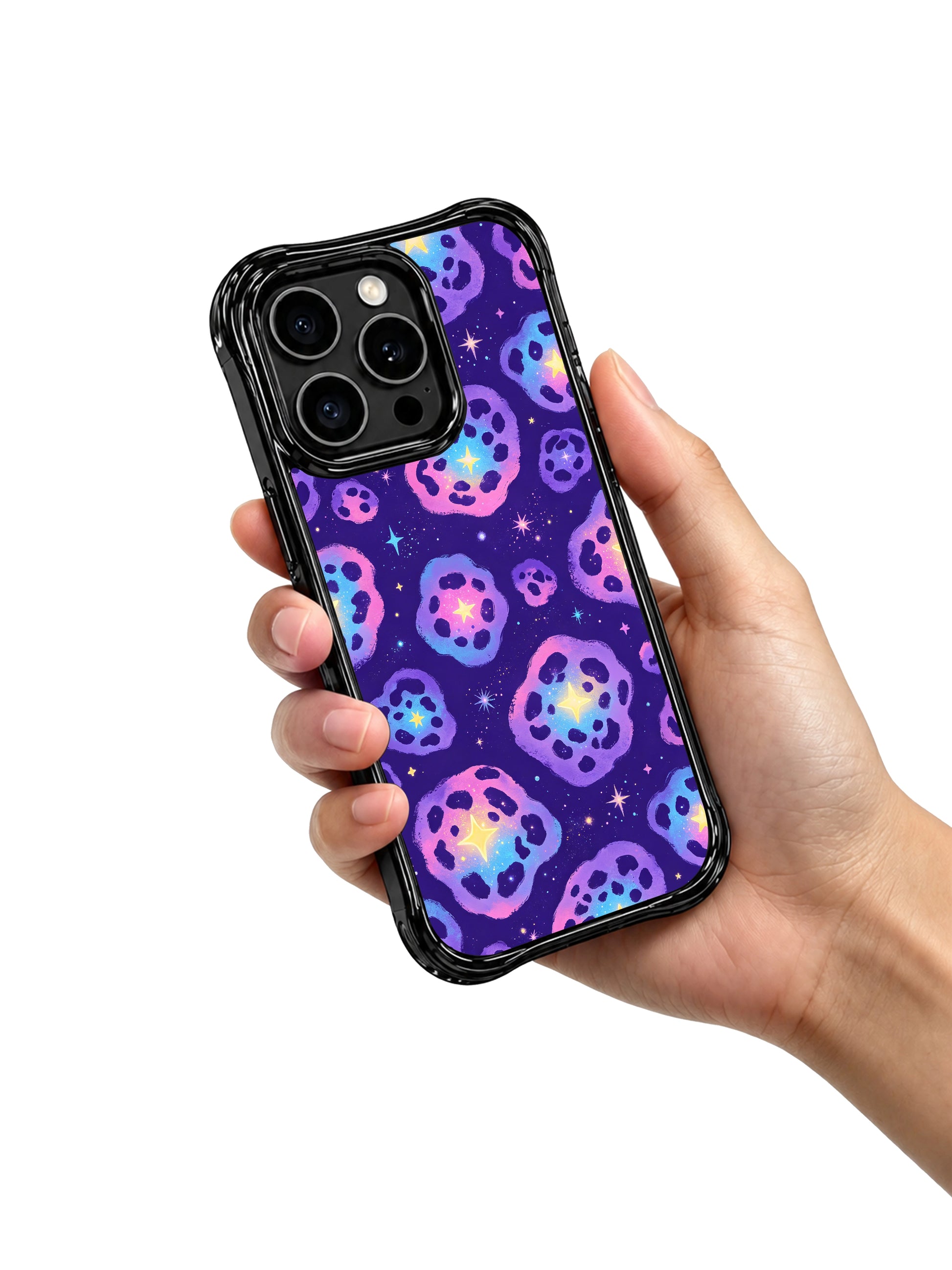 PhoneCasing iPhone 14 Pro Case side ergonomic profile view showcasing glossy black wavy shockproof edge. Deep purple galaxy star leopard watercolor print, precise triple camera and button cutouts, slim anti-smudge daily use iPhone 14 Pro casing.