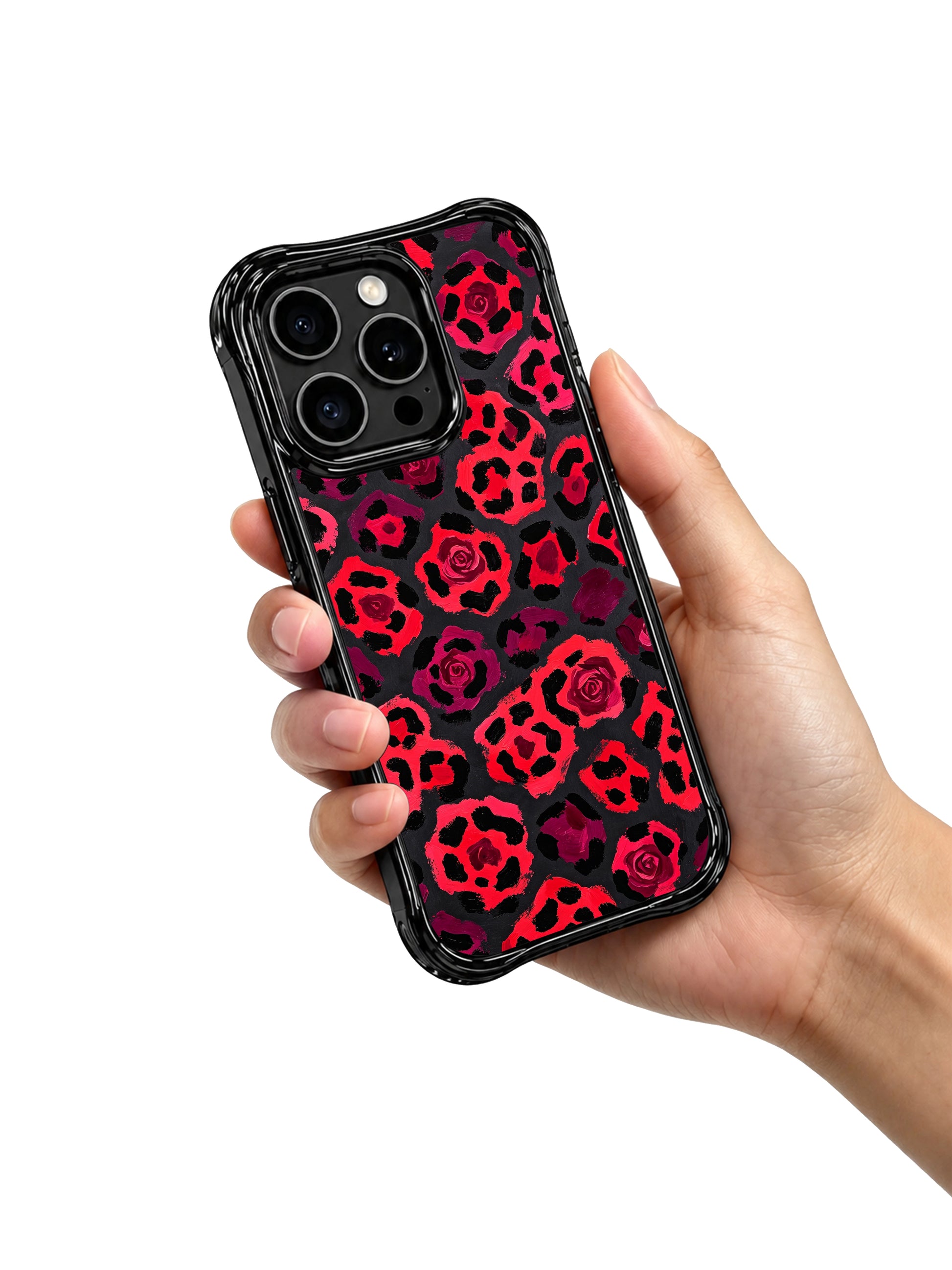 PhoneCasing iPhone 14 Pro Case side ergonomic profile view showcasing glossy black wavy shockproof edge. Cherry Midnight Leopard deep tone heart spot print, precise button and triple camera cutouts, slim anti-smudge iPhone 14 Pro casing.