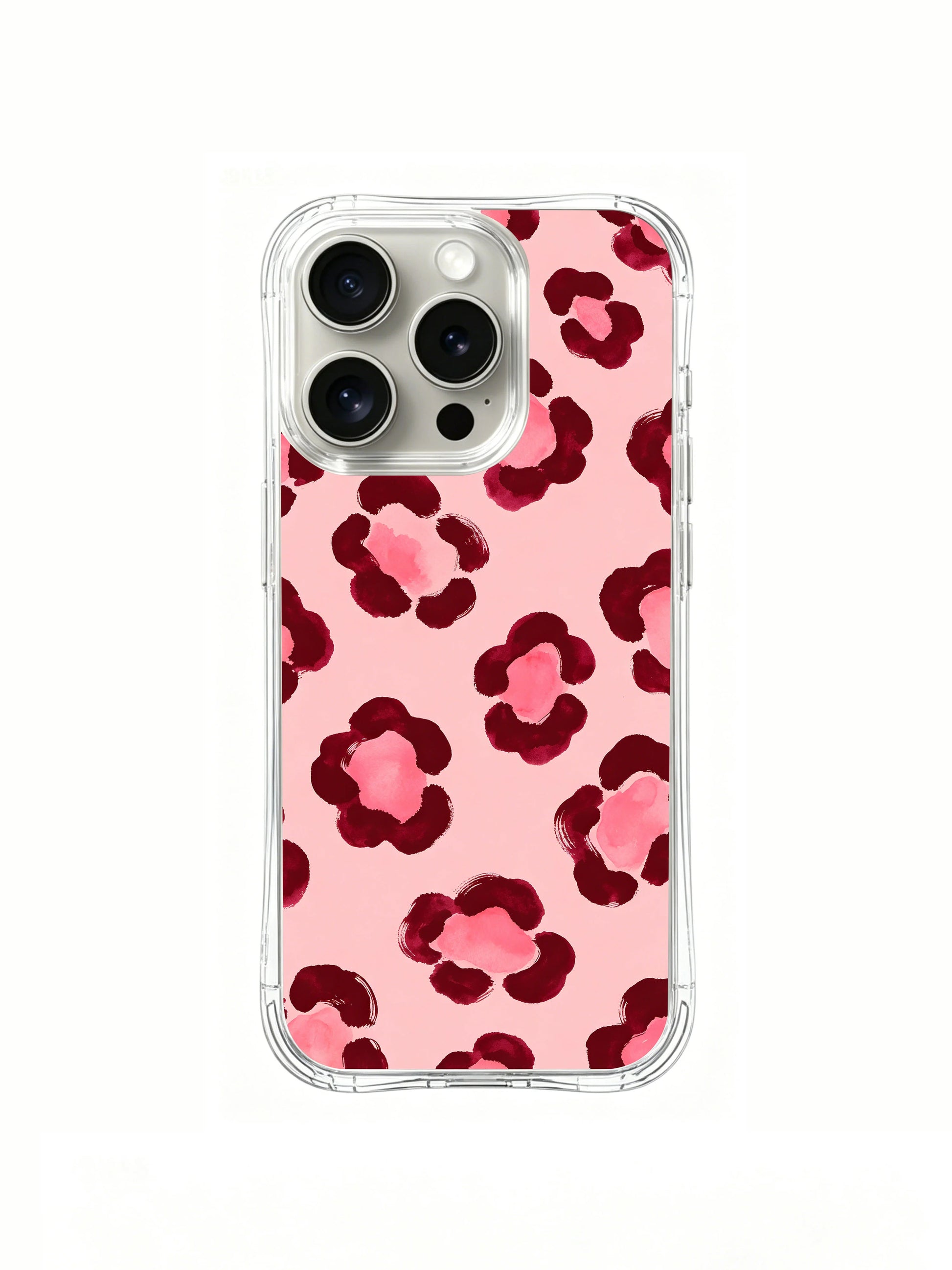 PhoneCasing iPhone 14 Pro Case tonal color block mockup of Burgundy Rose Leopard floral print. Segmented pale blush, deep burgundy and soft pink bloom gradient leopard sections, muted sophisticated feminine tone iPhone 14 Pro casing.
