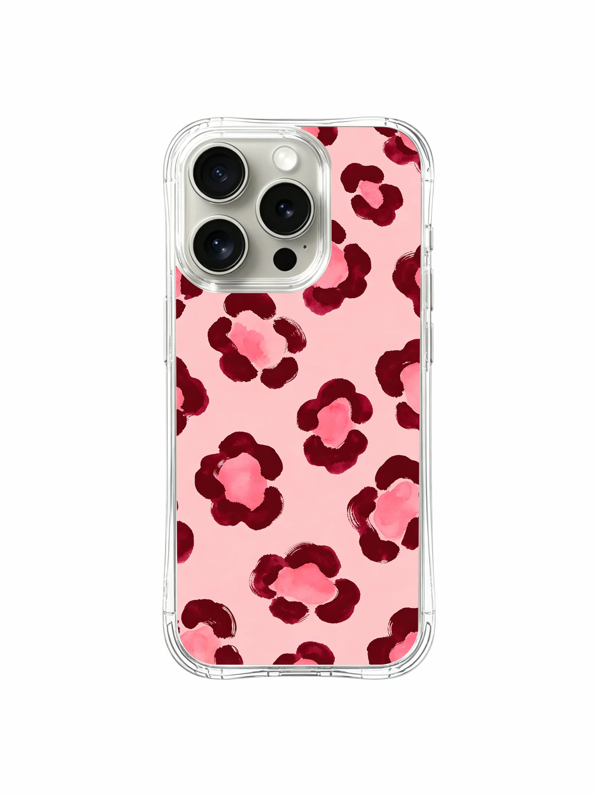 PhoneCasing iPhone 14 Pro Case, exclusive Burgundy Rose Leopard watercolor artwork by Roxy Wildhart. Muted blush base with burgundy floral leopard spots, clear wavy shockproof bumper, romantic elegant iPhone 14 Pro casing from Wild Heart Safari artist collection.