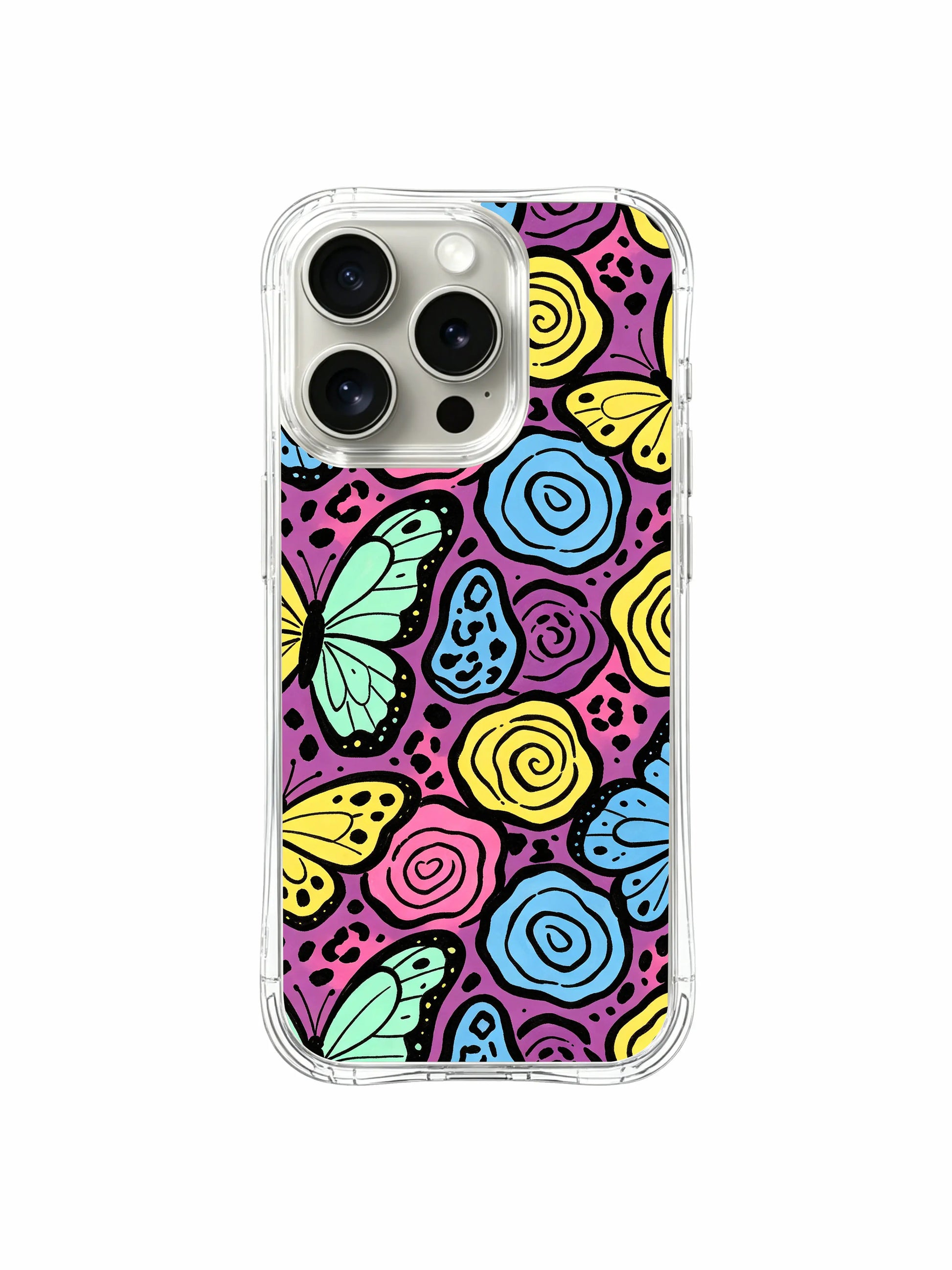Lifestyle handheld shot of model wearing PhoneCasing iPhone 14 Pro Case Butterfly Leopard Bloom. Cheerful cream spring watercolor butterfly leopard pattern dotted with pastel floral spirals, bright youthful cottage vibe, matches casual weekend, festival and soft Y2K feminine everyday outfits.
