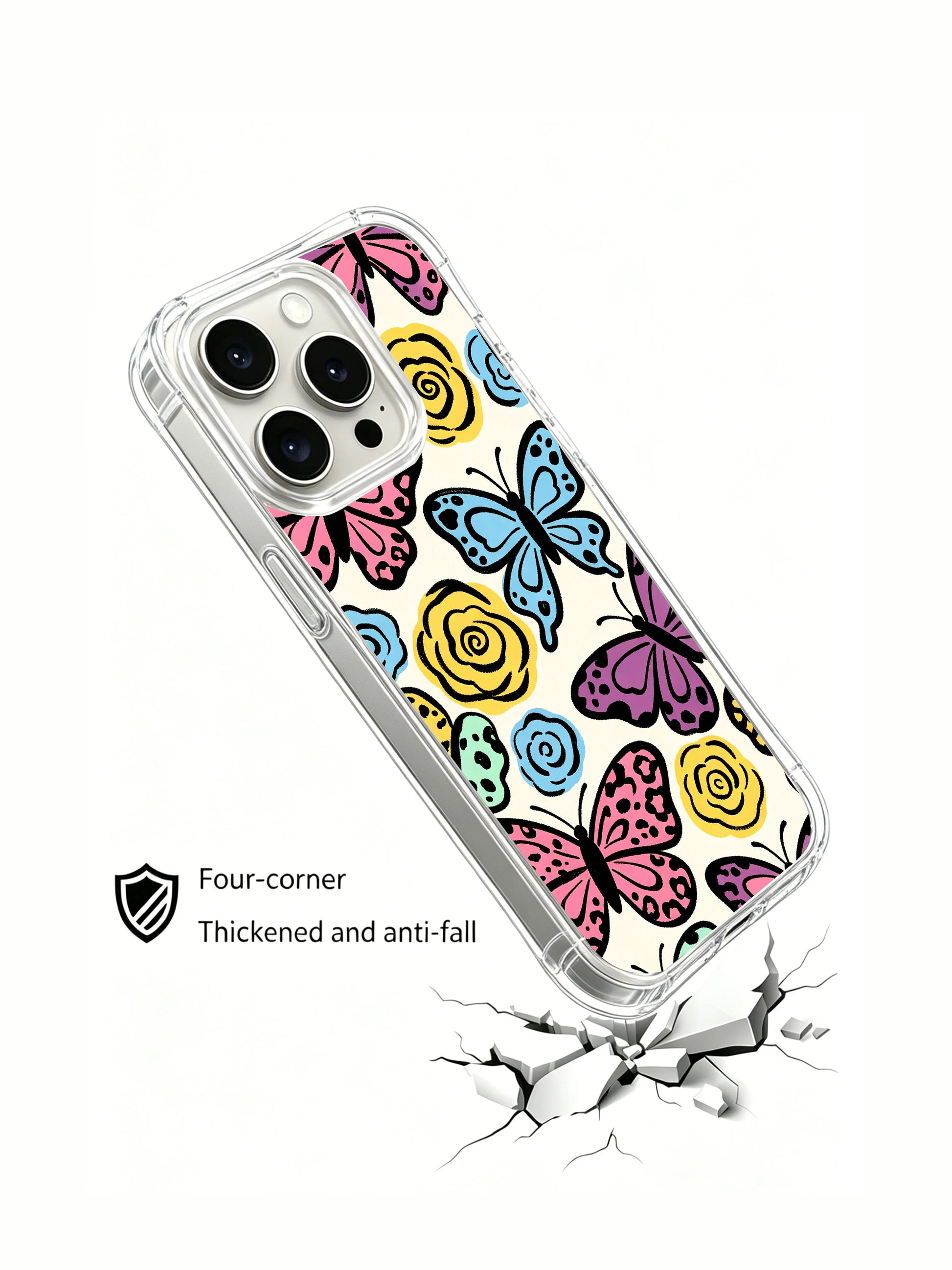 Lifestyle handheld shot of model wearing PhoneCasing iPhone 14 Pro Case Butterfly Leopard Bloom. Cheerful cream spring watercolor butterfly leopard pattern dotted with pastel floral spirals, bright youthful cottage vibe, matches casual weekend, festival and soft Y2K feminine everyday outfits.