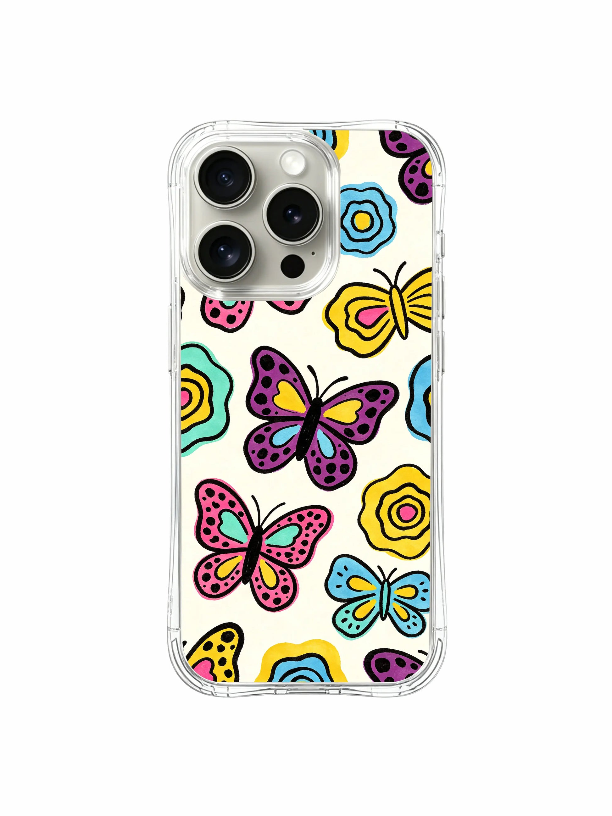 PhoneCasing iPhone 14 Pro Case, Butterfly Leopard Bloom playful watercolor print by Roxy Wildhart from Wild Heart Safari. Cream off-white base mixed with bright pastel pink, mint, yellow & periwinkle butterfly leopard rosettes, hand-drawn floral swirls, transparent wavy bumper, cheerful spring cottage aesthetic for everyday feminine styling.