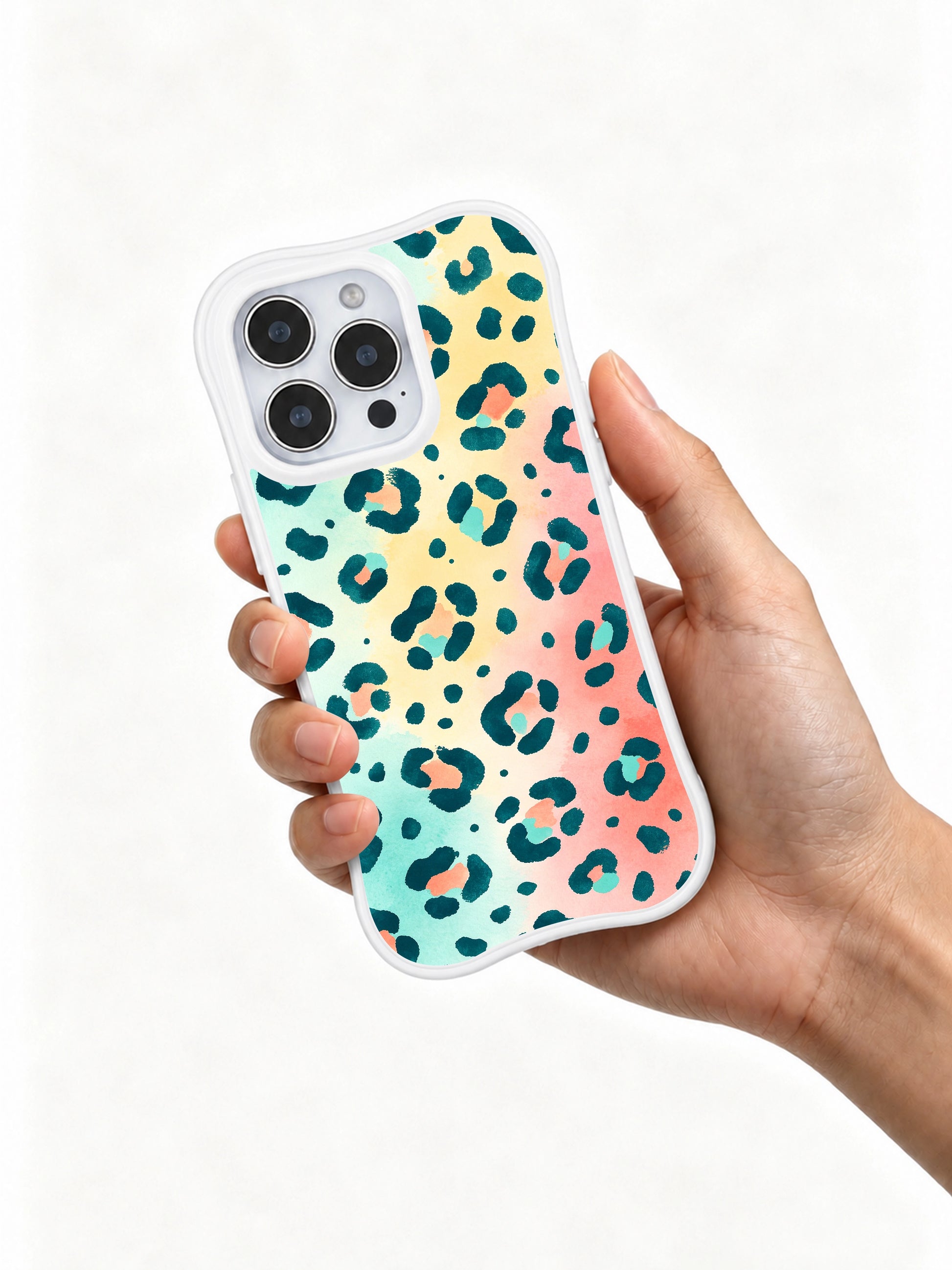 Side ergonomic profile of California handmade PhoneCasing iPhone 14 Pro Case, Salt Shore pastel gradient leopard artwork. Slim transparent wavy bumper, precision triple camera cutout, scratch-resistant glossy coating, premium Wild Heart Safari design.