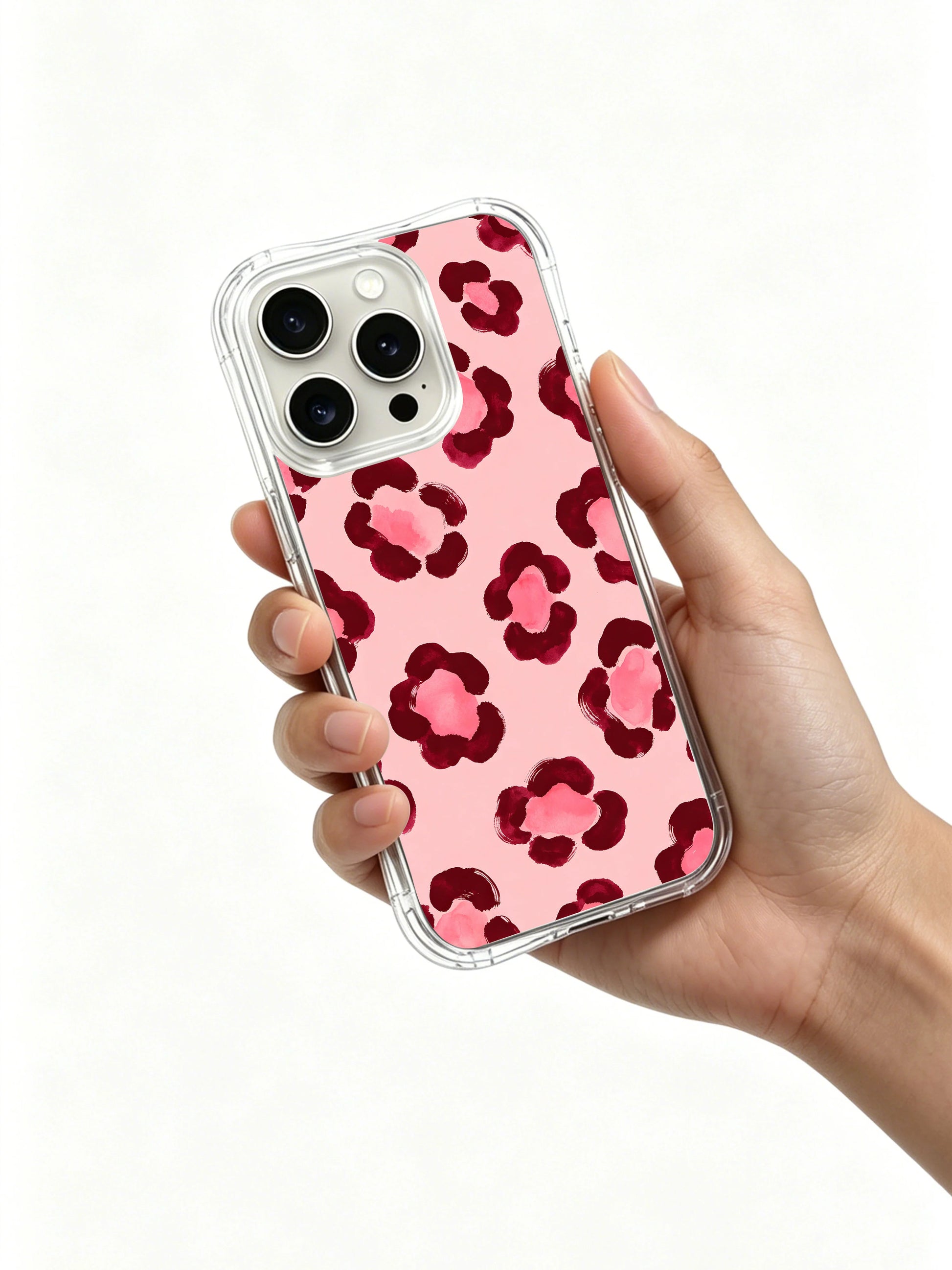 PhoneCasing iPhone 14 Pro Case domestic California handmade workshop shot of Burgundy Rose floral watercolor leopard print. Every casing individually quality inspected, eco-friendly fade-proof printing exclusive iPhone 14 Pro casing.