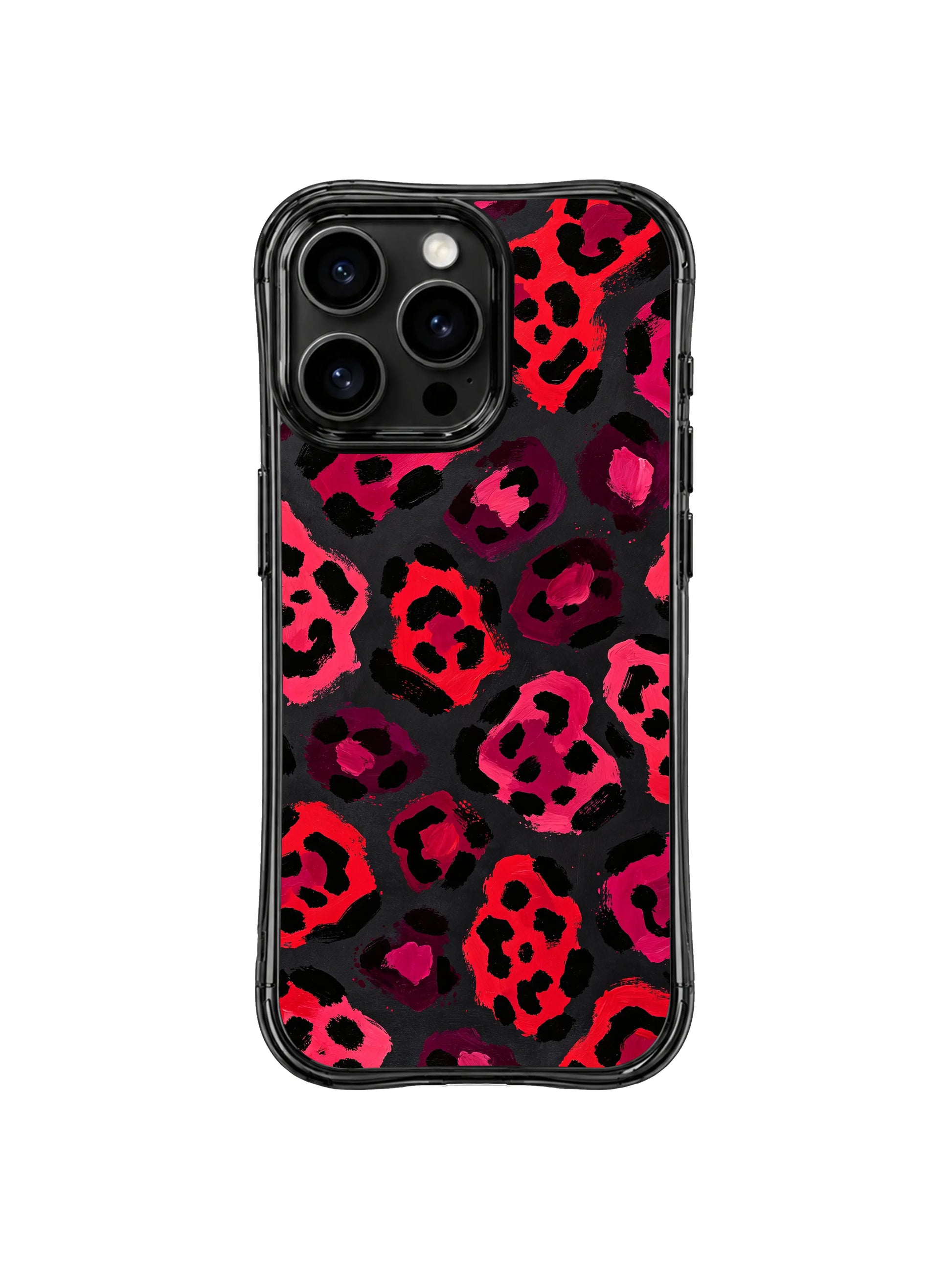 PhoneCasing iPhone 14 Pro Case domestic California handmade workshop shot of Cherry Midnight Leopard oil print. Every casing individually quality inspected, eco-friendly fade-proof printing technology exclusive iPhone 14 Pro casing.