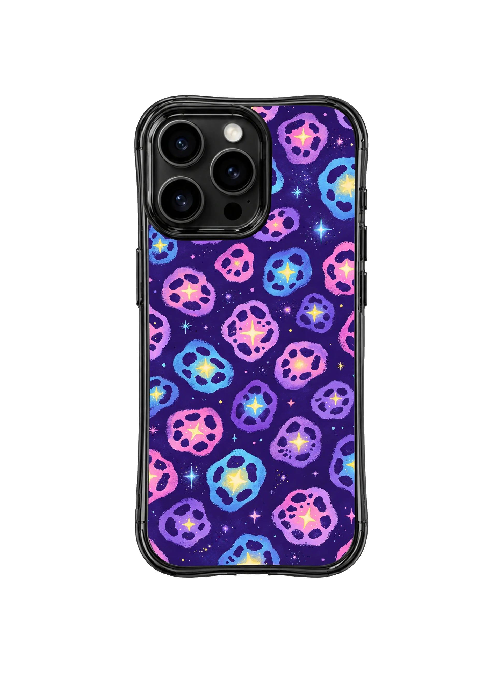 PhoneCasing iPhone 14 Pro Case domestic California handmade workshop shot of Galaxy Nebula watercolor leopard print. Every casing individually quality inspected, eco-friendly fade-proof printing exclusive iPhone 14 Pro casing.