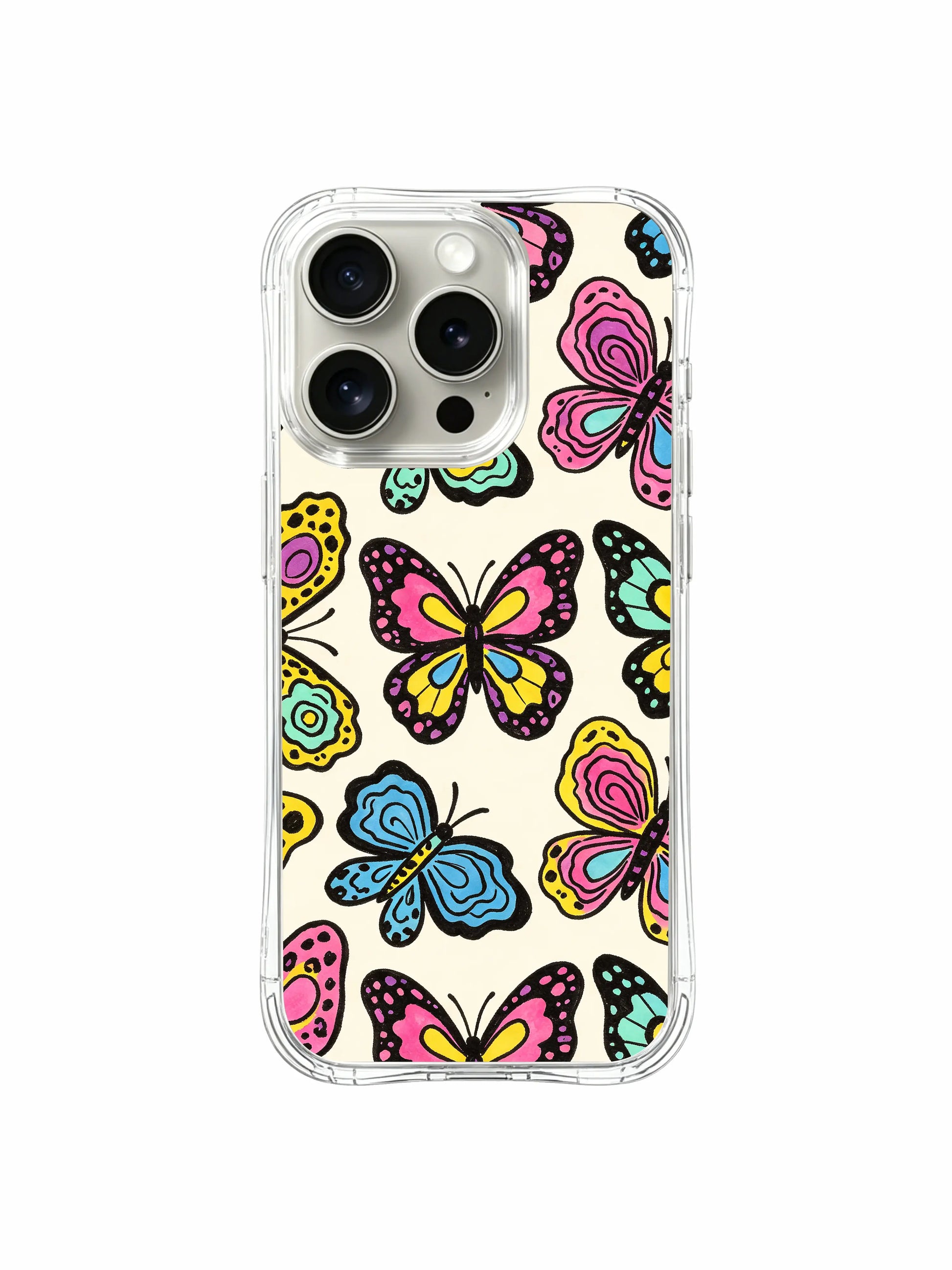 Bright spring feminine PhoneCasing iPhone 14 Pro Case with full seamless MagSafe magnetic charging fit. Mixed butterfly & leopard pastel print on warm off-white base, four-corner reinforced wavy clear shockproof bumper, handmade in California for fun youthful dreamer women.
