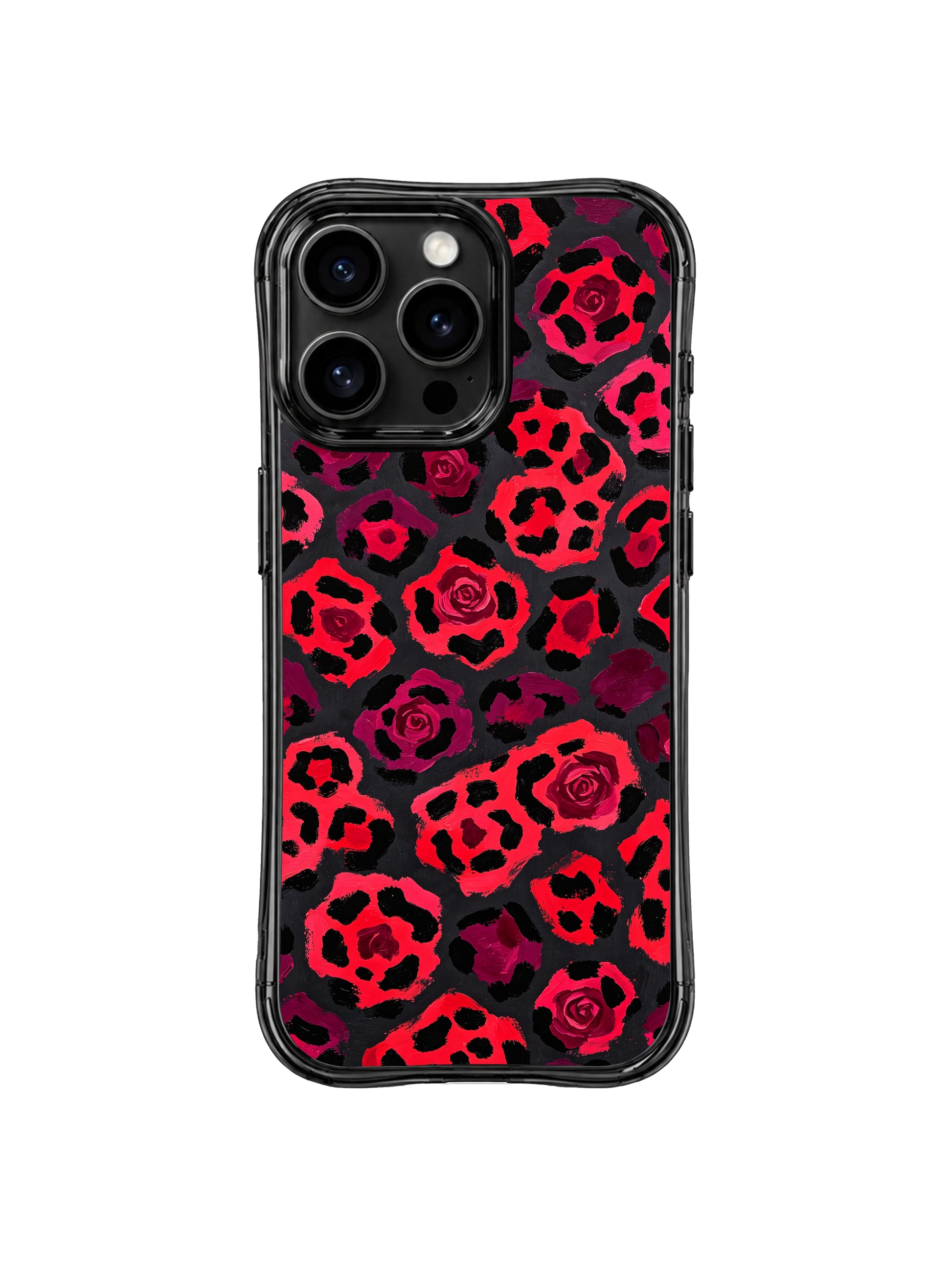 PhoneCasing iPhone 14 Pro Case, exclusive Cherry Midnight Leopard oil painting artwork by Roxy Wildhart. Bold cherry magenta heart leopard spots on deep midnight black base, glossy black wavy shockproof bumper, moody edgy mature feminine iPhone 14 Pro casing from Wild Heart Safari artist collection.
