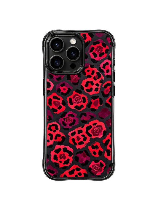 PhoneCasing iPhone 14 Pro Case, exclusive Cherry Midnight Leopard oil painting artwork by Roxy Wildhart. Bold cherry magenta heart leopard spots on deep midnight black base, glossy black wavy shockproof bumper, moody edgy mature feminine iPhone 14 Pro casing from Wild Heart Safari artist collection.
